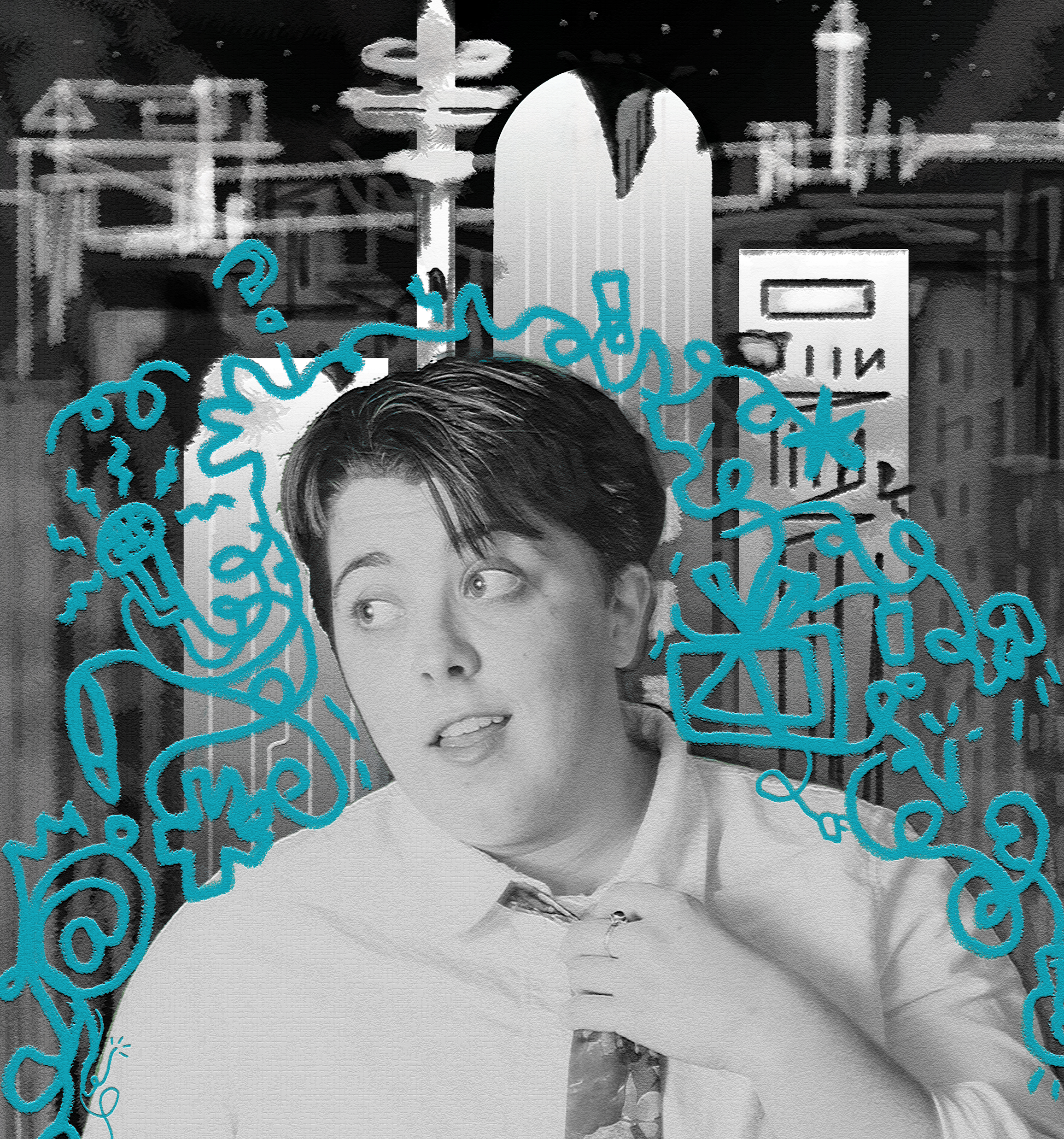 Black and white portrait of a young man with short dark hair, wearing a collared shirt, looking to the side, with blue handwritten graffiti-style text overlaying parts of the image.