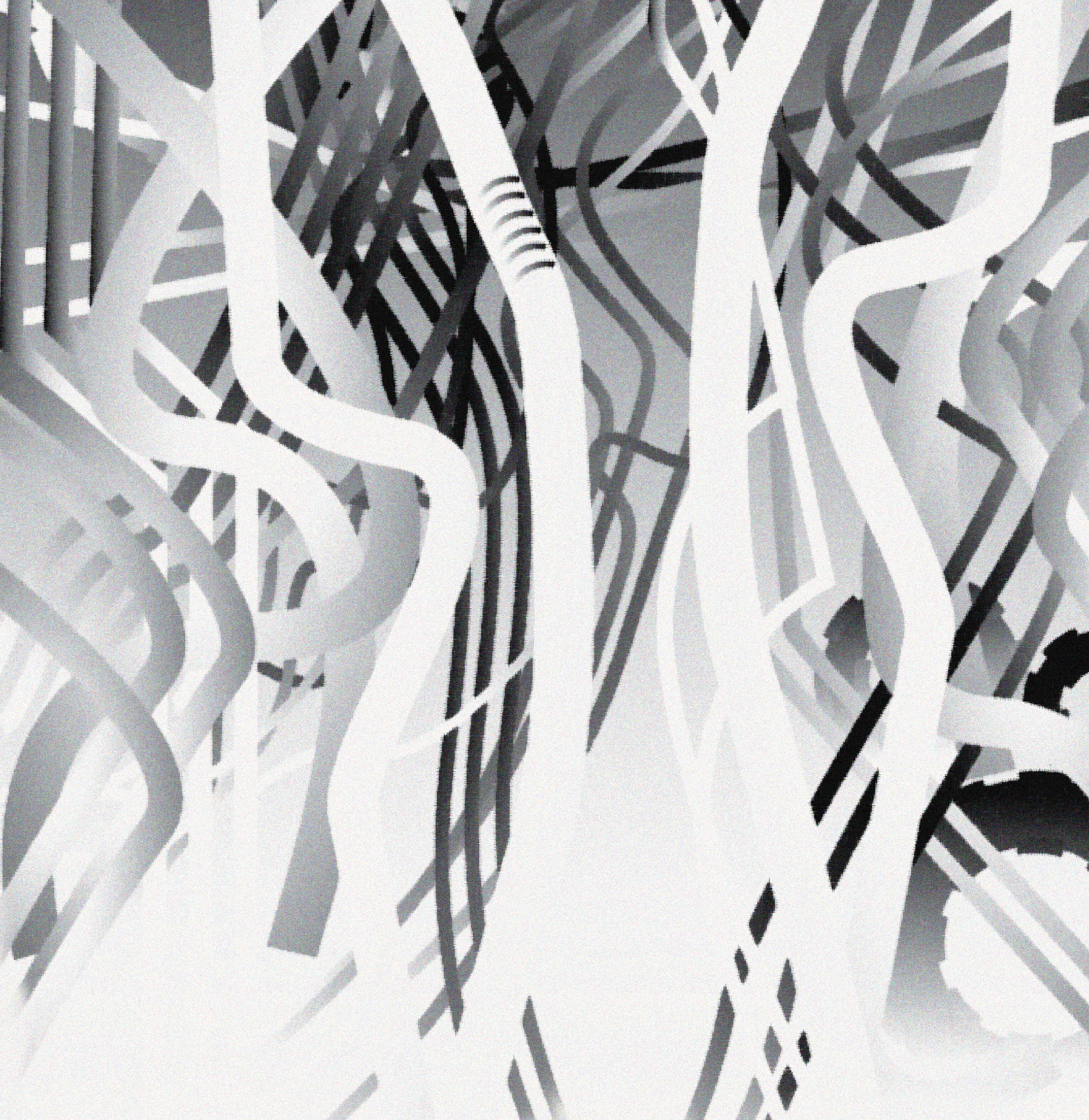 Abstract black and white pattern with intersecting lines and curved shapes.