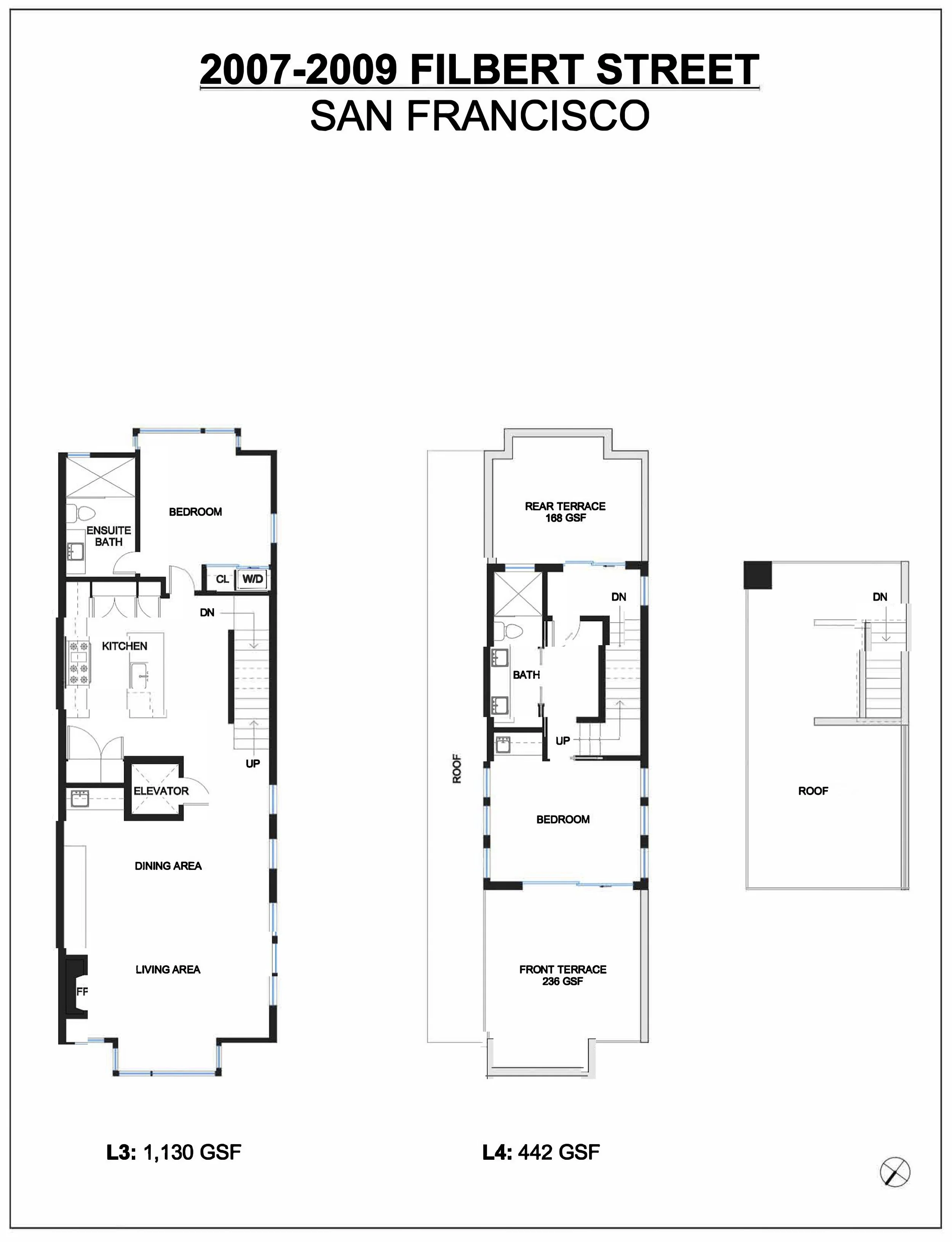 Floor plan of a house designed for the years 2007 to 2009 on Filbert Street in San Francisco, showing various rooms including bedrooms, bathrooms, kitchen, living and dining areas, terraces, and a roof, with dimensions and labels.