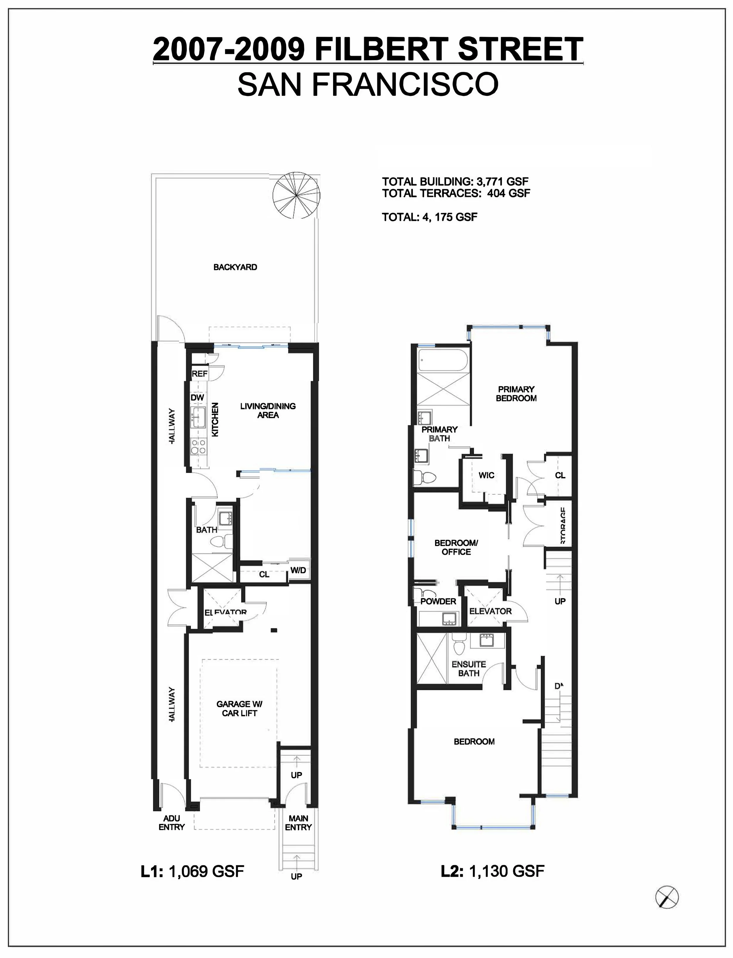 Floor plan for a property located at 2007-2009 Filbert Street, San Francisco, built between 2007 and 2009, showing detailed layout of the property with labels for rooms, features, and areas, including bedrooms, bathrooms, kitchen, living areas, terraces, garage, elevator, and staircases.