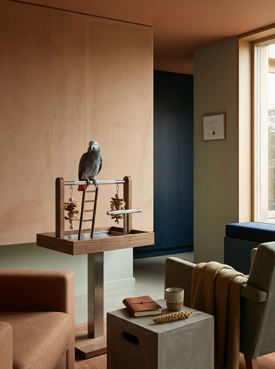 A bird perched on a wooden stand inside a cozy, modern room with natural light coming through a window, with furniture including a sofa and a table with a cup and a book.