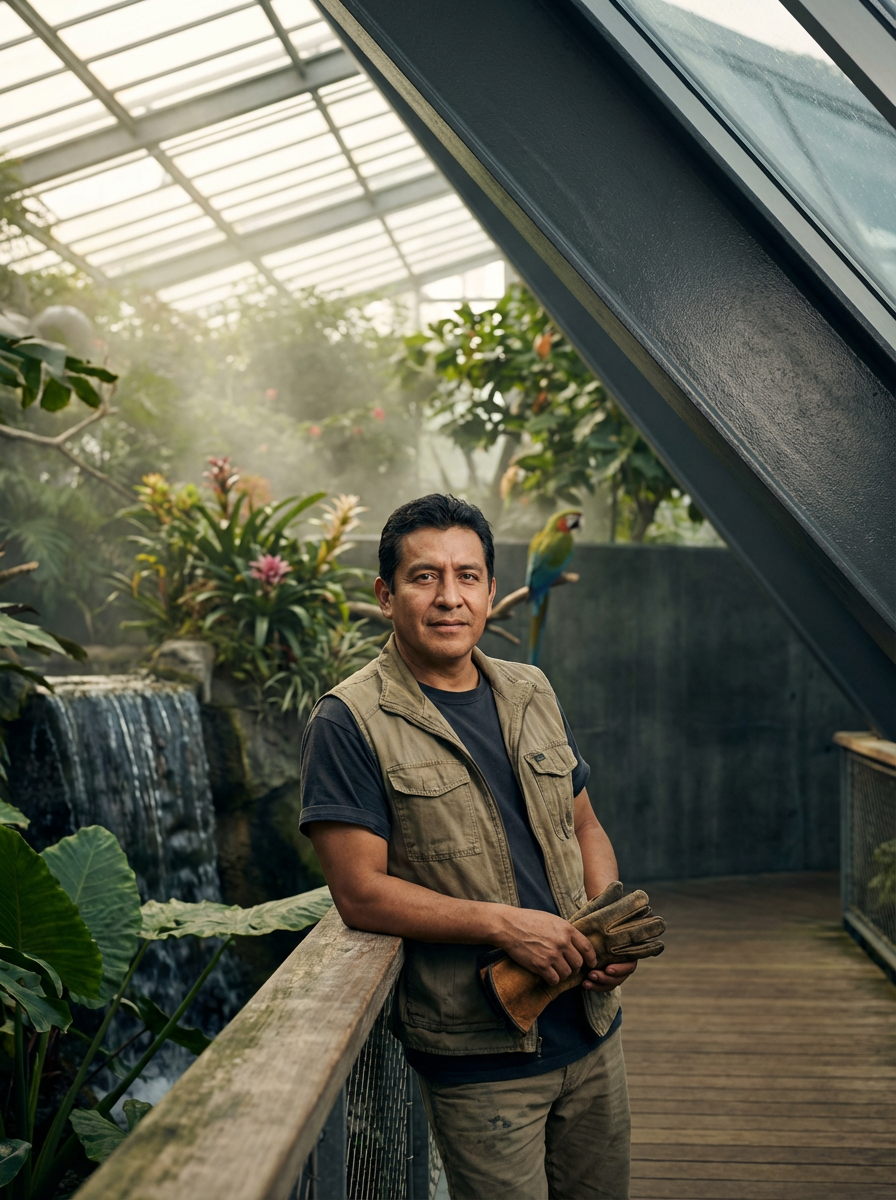 A black man standing on a wooden balcony in a greenhouse, holding brown work gloves, with lush green plants, pink flowers, a waterfall, and a colorful parrot in the background.