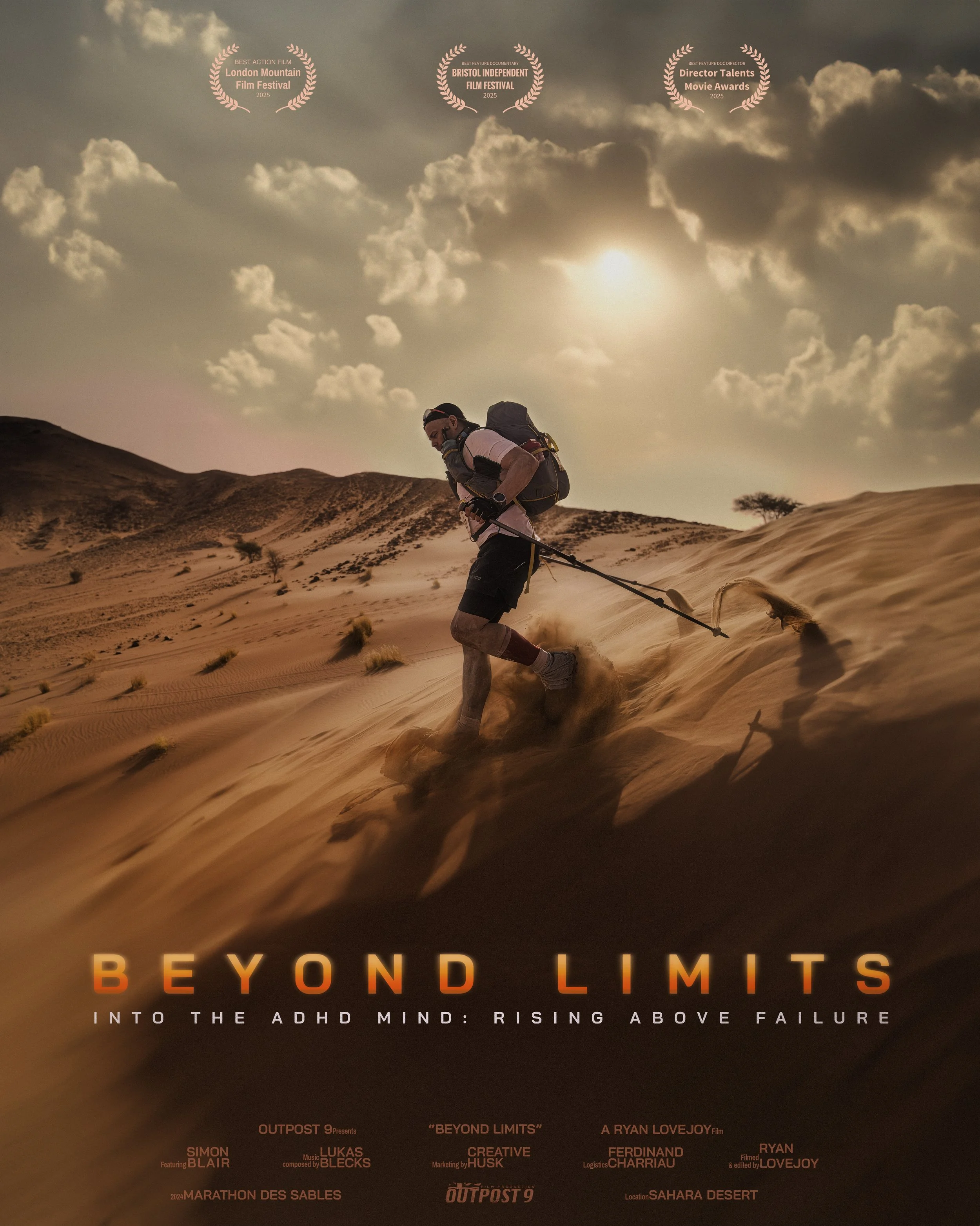 Beyond Limits documentary poster showing a runner crossing desert dunes