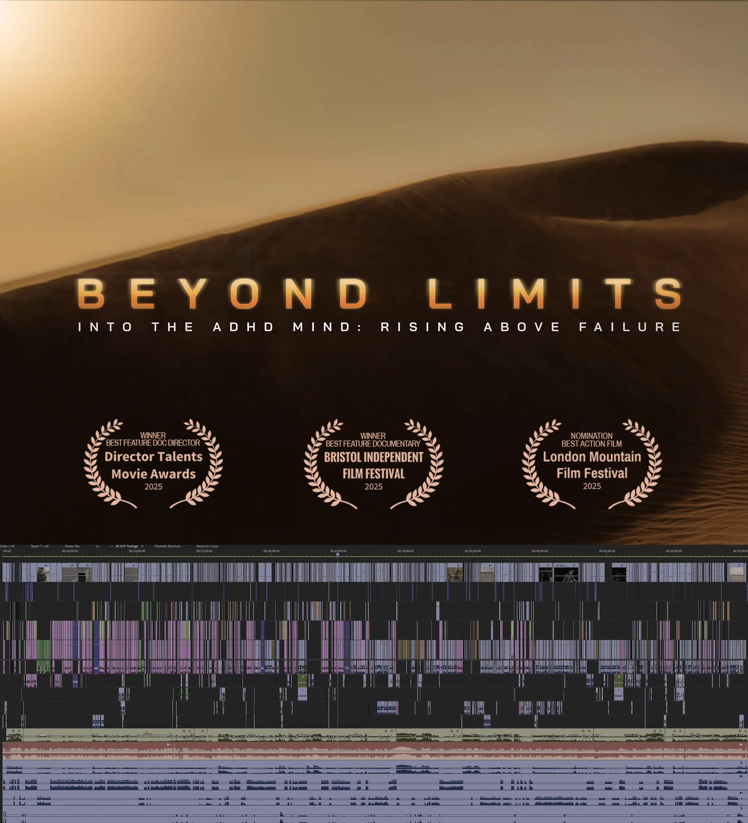 Beyond Limits film title and festival laurels above the documentary editing timeline