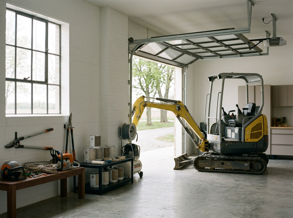 A garage with tools, paint cans, and a small yellow excavator inside.