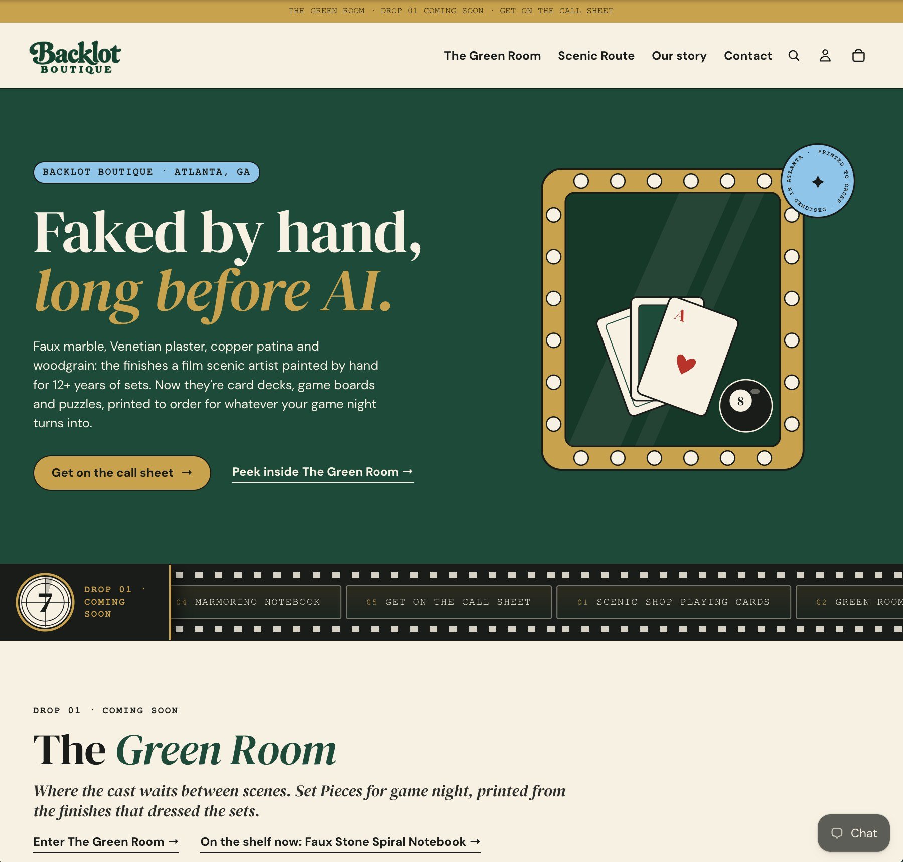 Backlot Boutique Shopify homepage built by Mallory Curry, with the hero line "Faked by hand, long before AI." and a marquee-mirror playing card illustration