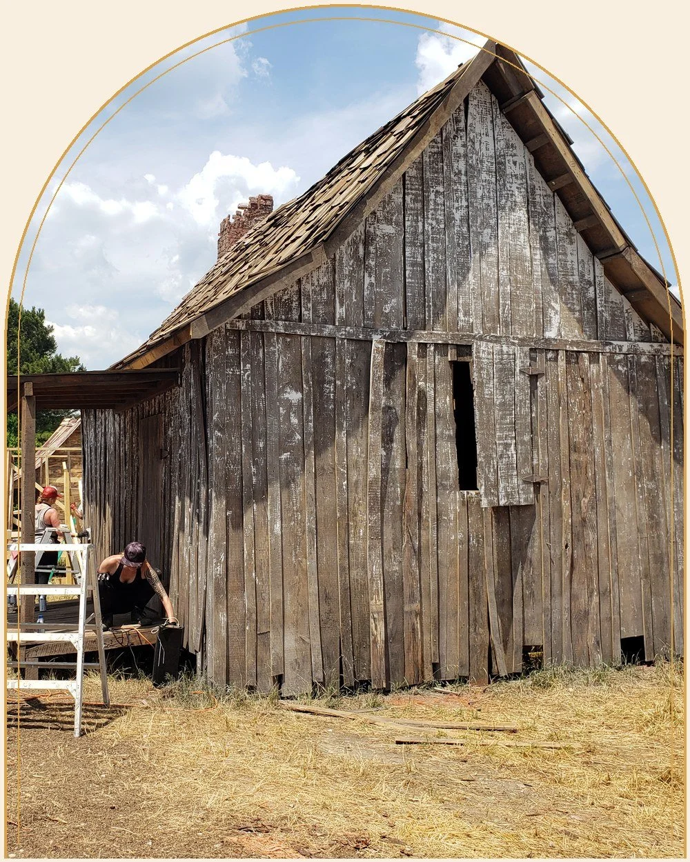 Aged cabin exterior · period farm film set