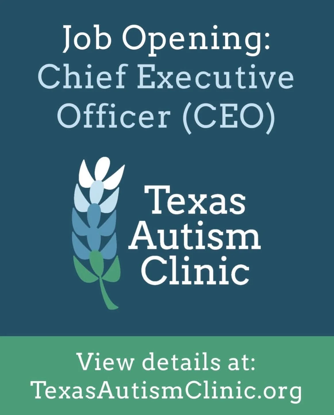 We're Hiring: Chief Executive Officer (CEO)

Are you a visionary leader with a passion for making a lasting impact?

The Texas Autism Clinic (TAC) is seeking a compassionate, strategic, and mission-driven Chief Executive Officer to lead our startup n
