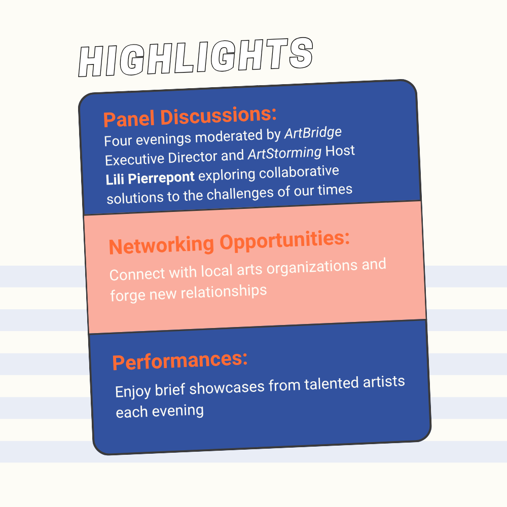 Highlights of an arts event, including panel discussions, networking opportunities, and performances, with descriptions of activities and key speakers.