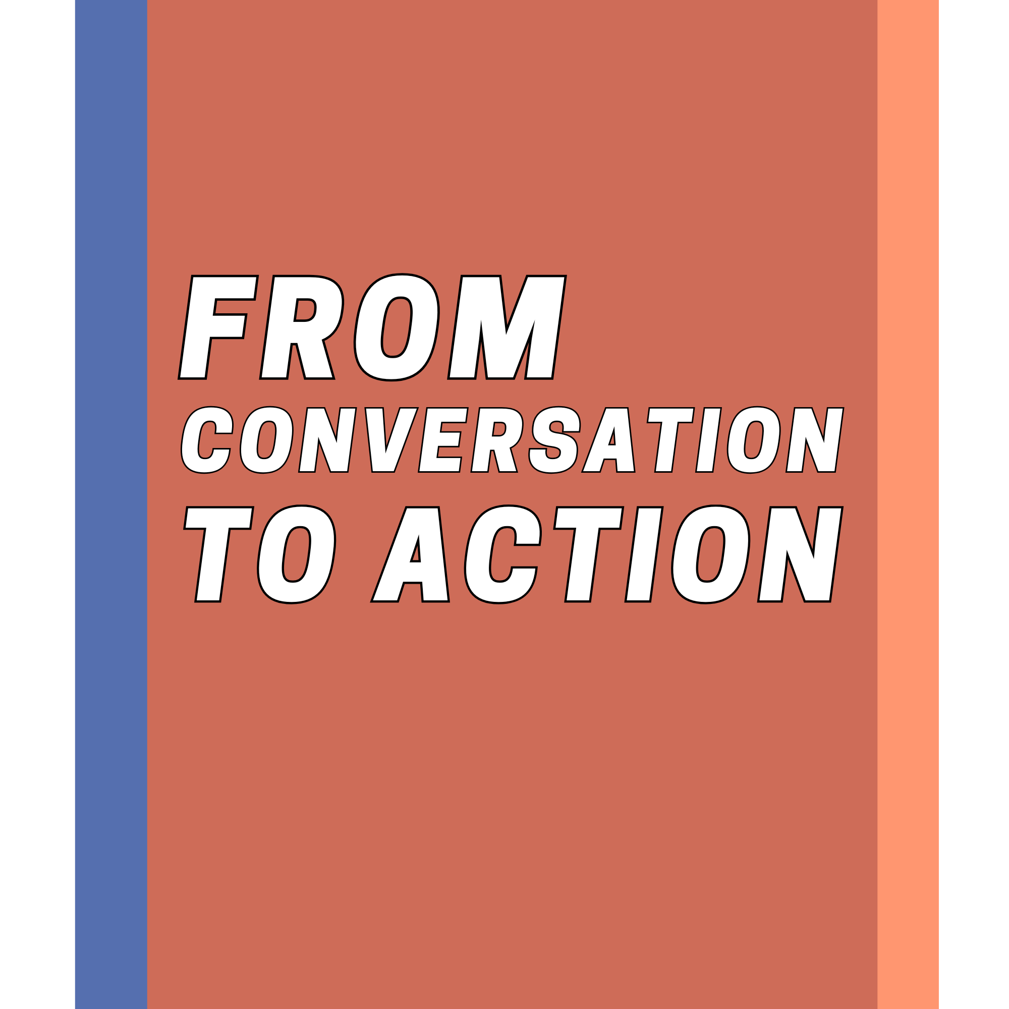 Book cover with the title 'From Conversation to Action' written in bold white and black letters on a reddish background, with blue and orange bars on the left and right edges.
