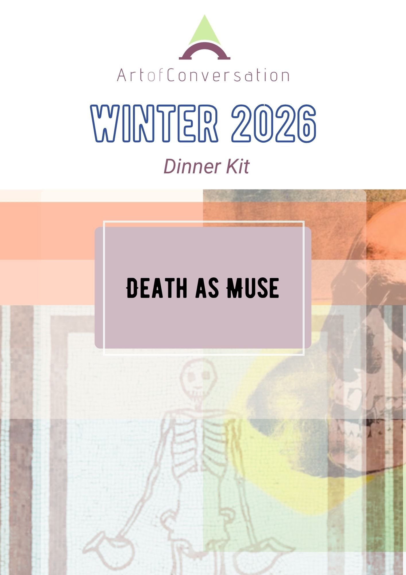 Cover of Art of Conversation Winter 2026 Dinner Kit featuring a skeleton and a colorful abstract background.