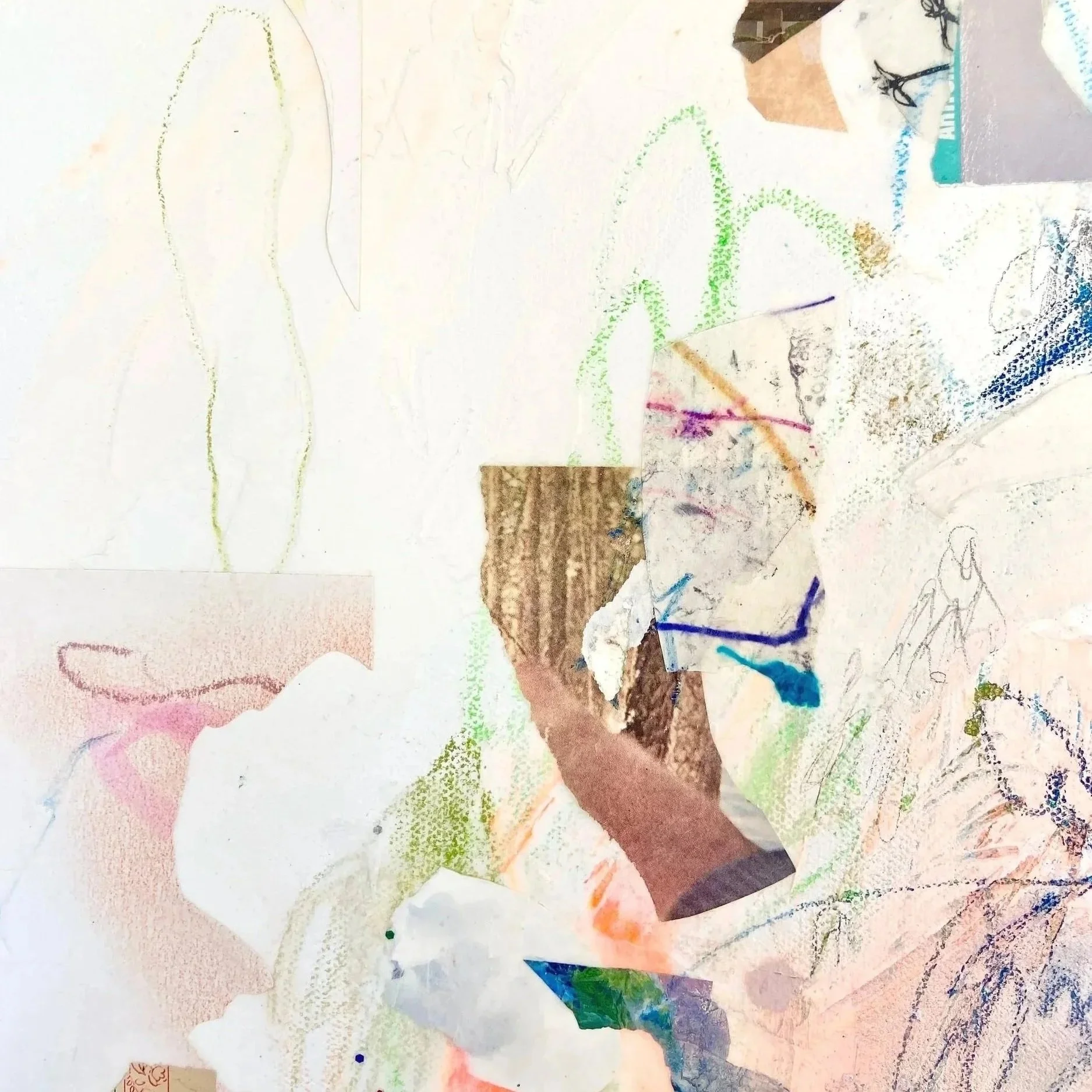 Mixed media artwork featuring torn paper, pencil sketches, and colorful crayon or pastel markings with an abstract and layered appearance.