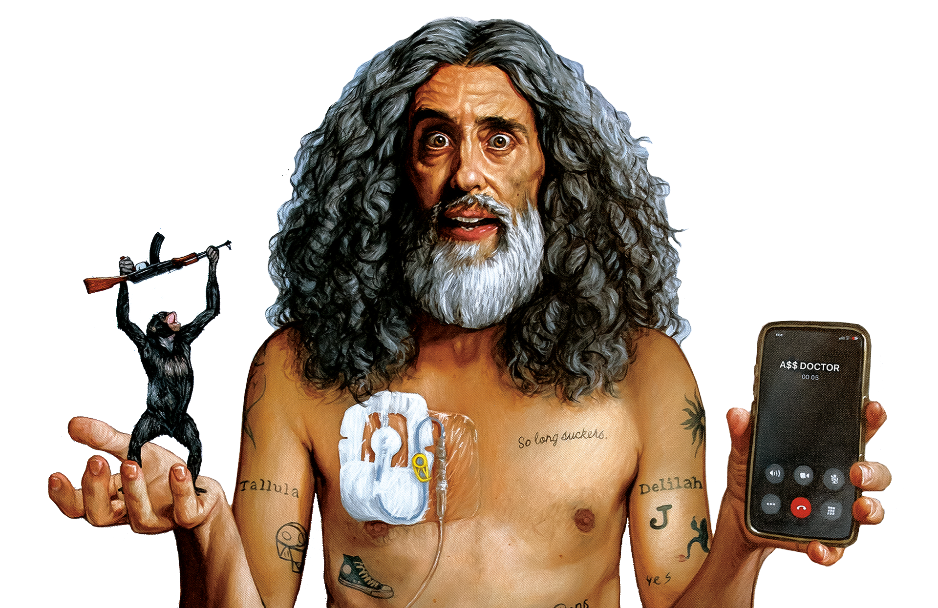 Image from the film, Andre is an Idiot. A man with long gray hair and a beard, holding a baby monkey in one hand and a smartphone in the other, with tattoos on his chest and arms. The man appears surprised or shocked.