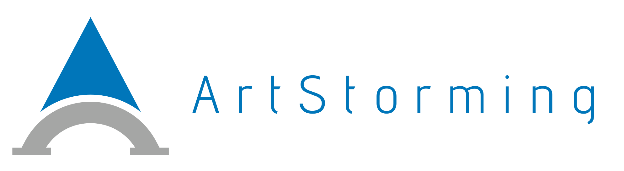 Logo of Art Storming with a stylized arch and a blue triangle on top, with the text 'Art Storing' next to it.