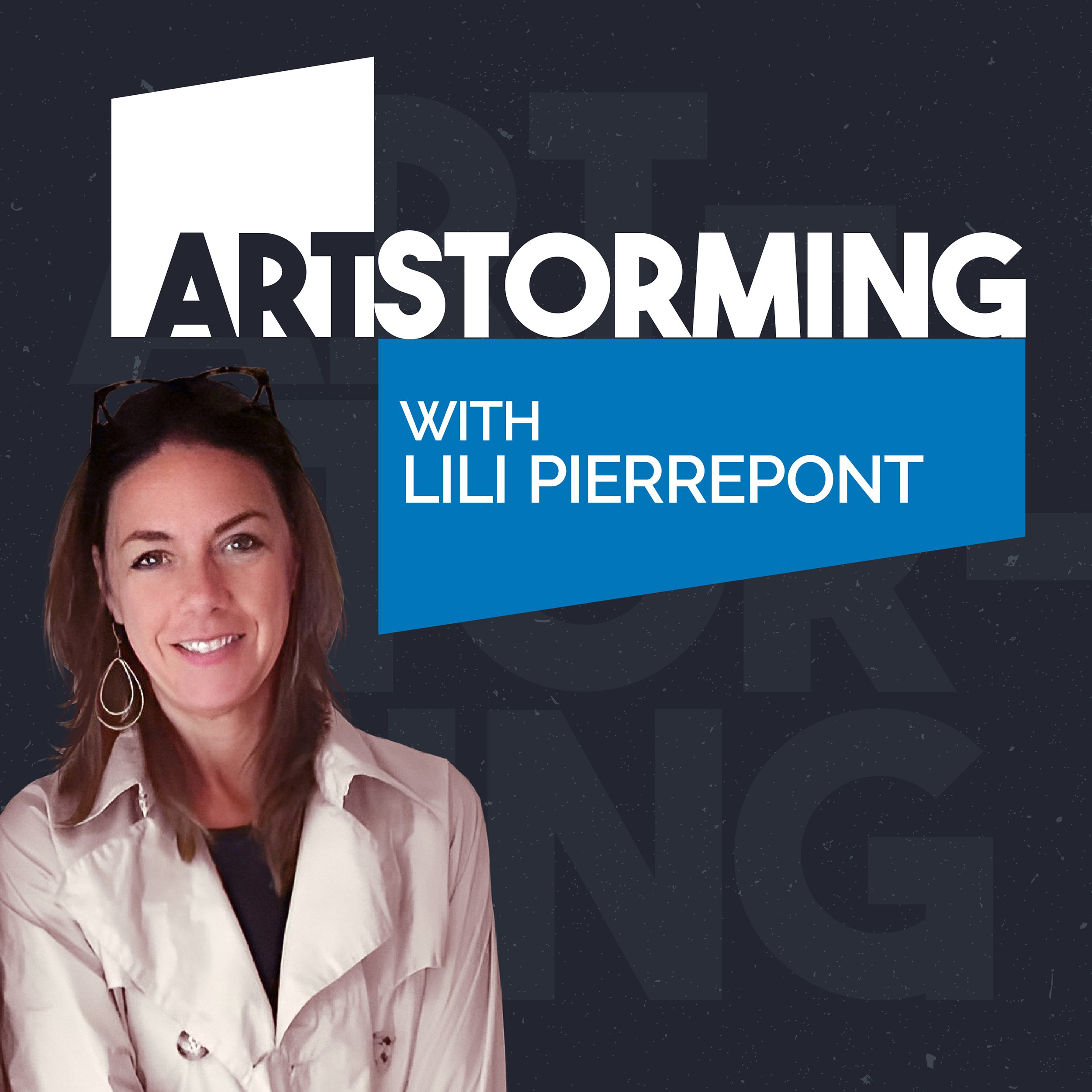 Promotional graphic for the podcast 'Artstorting with Lili Pierrepont' featuring a woman with brown hair, earrings, glasses on her head, and a cream-colored jacket against a dark, starry background with blue and white text.