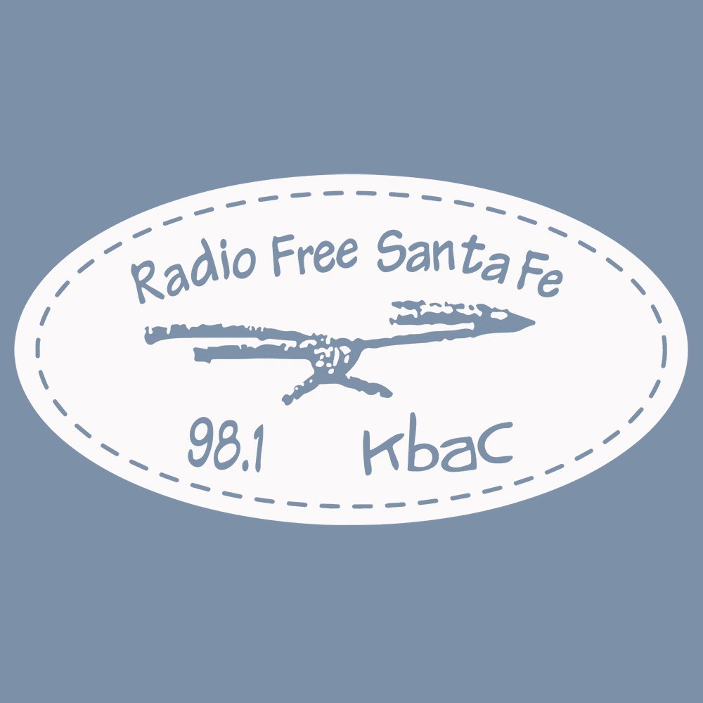 Radio Free Santa Fe logo with a bird illustration and frequency 98.1 Kbac on a blue background.