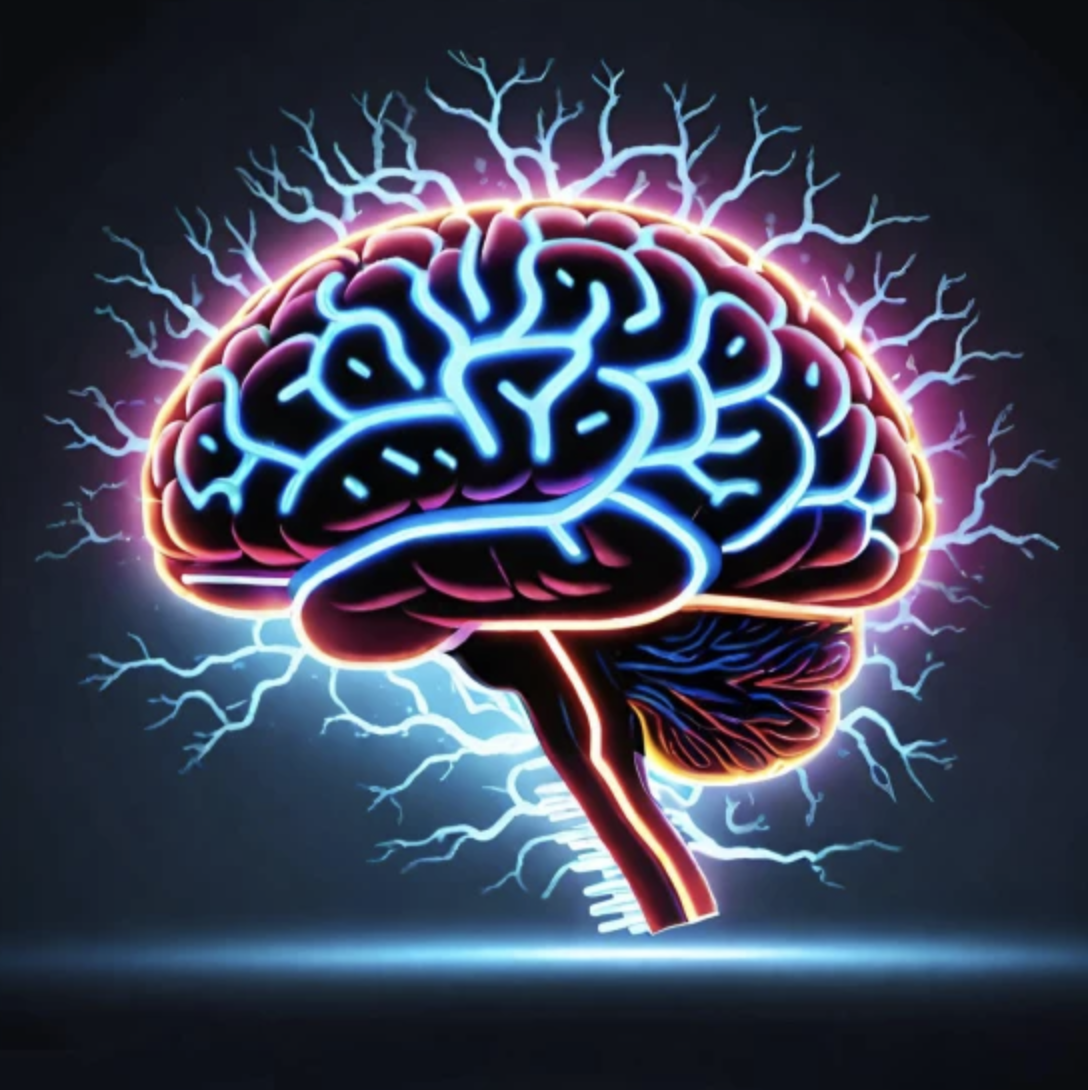 Neon-style illustration of a human brain with glowing electrical connections and sparks.