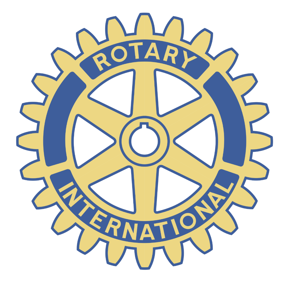 Rotary International logo with a gear wheel design in yellow and blue, featuring the words 'Rotary International'.