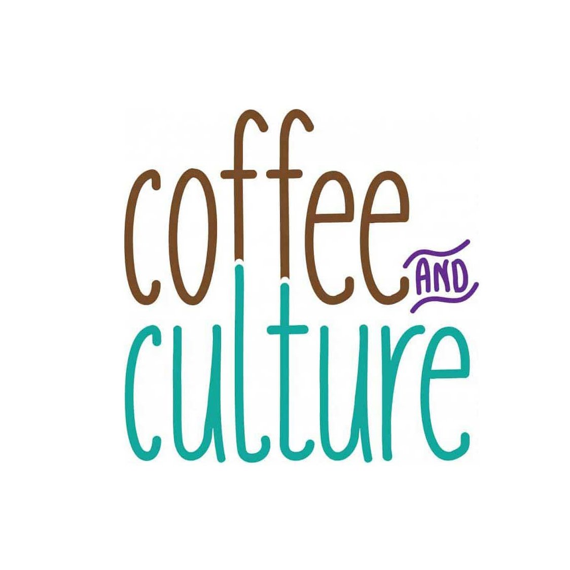 Colorful text reading 'coffee and culture' with 'and' in purple and the rest in brown and teal on a white background.