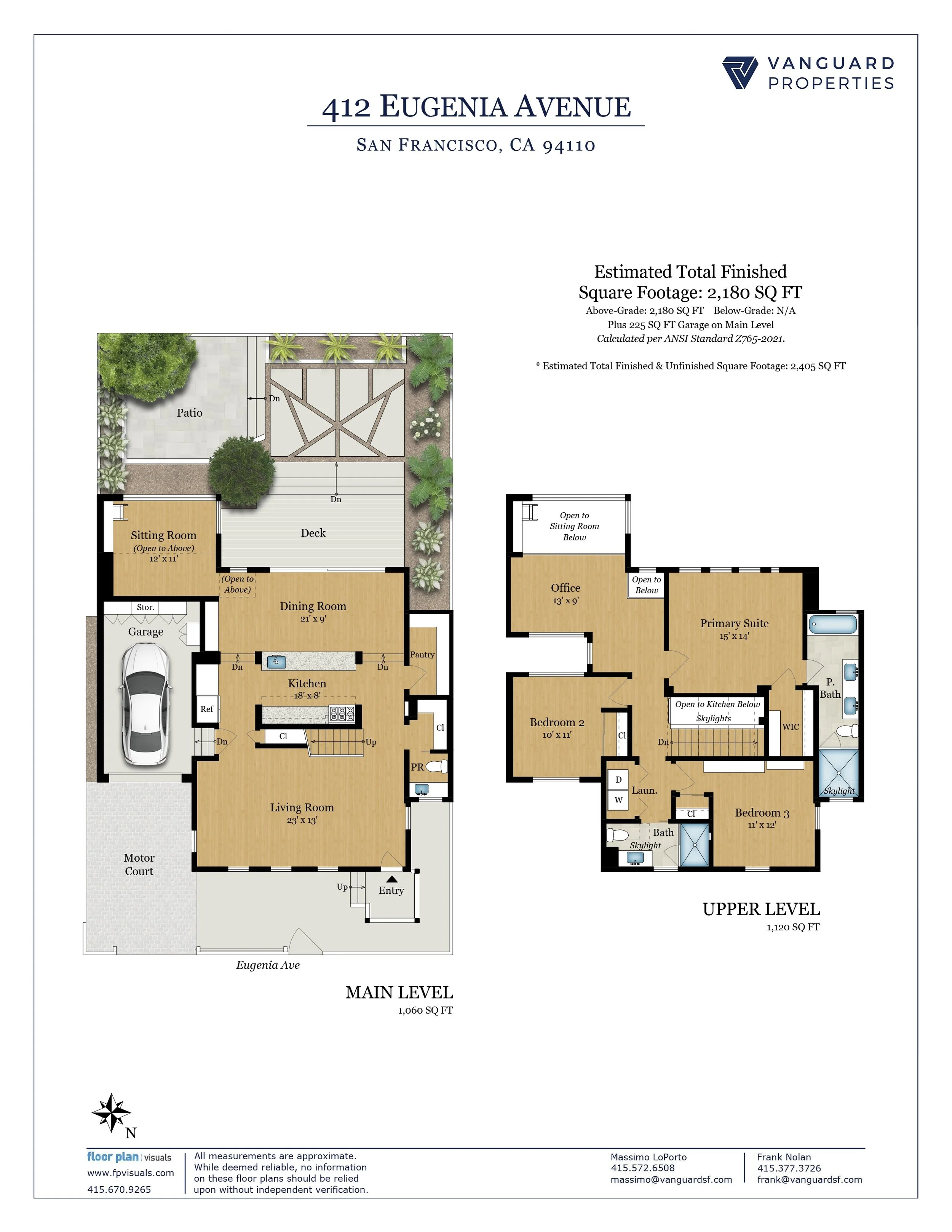 Floor plan of a house showing main level and upper level layouts with labels for rooms, dimensions, and outdoor spaces, including a patio, deck, garage, living room, kitchen, bedrooms, bathrooms, and a motor court.