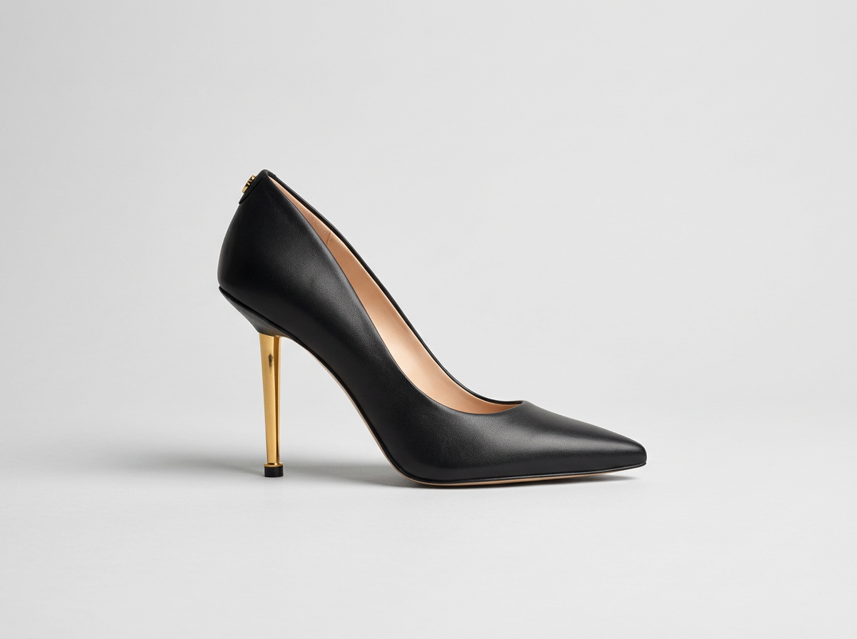 Black high heel shoe with a gold stiletto heel on a plain gray background.
