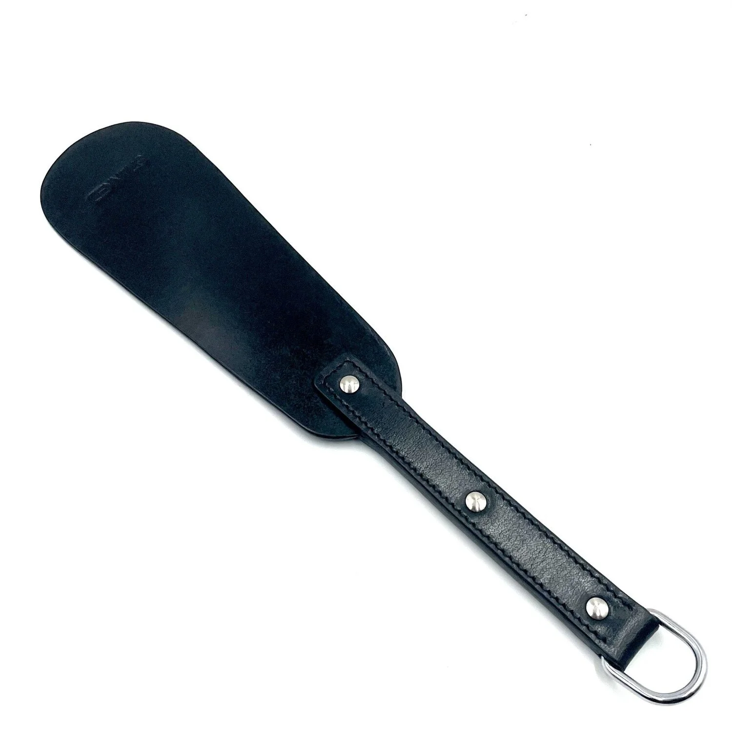 A leather strap with a metal hook at one end and a black plastic or leather padded cover attached to it.