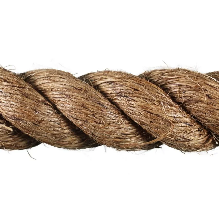 Close-up of a twisted, brown hemp rope.