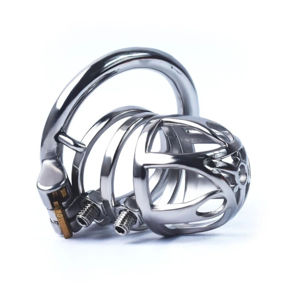 Close-up of a shiny, metallic, cage-like device with screws, used as a sports or sexual harness, on a white background.