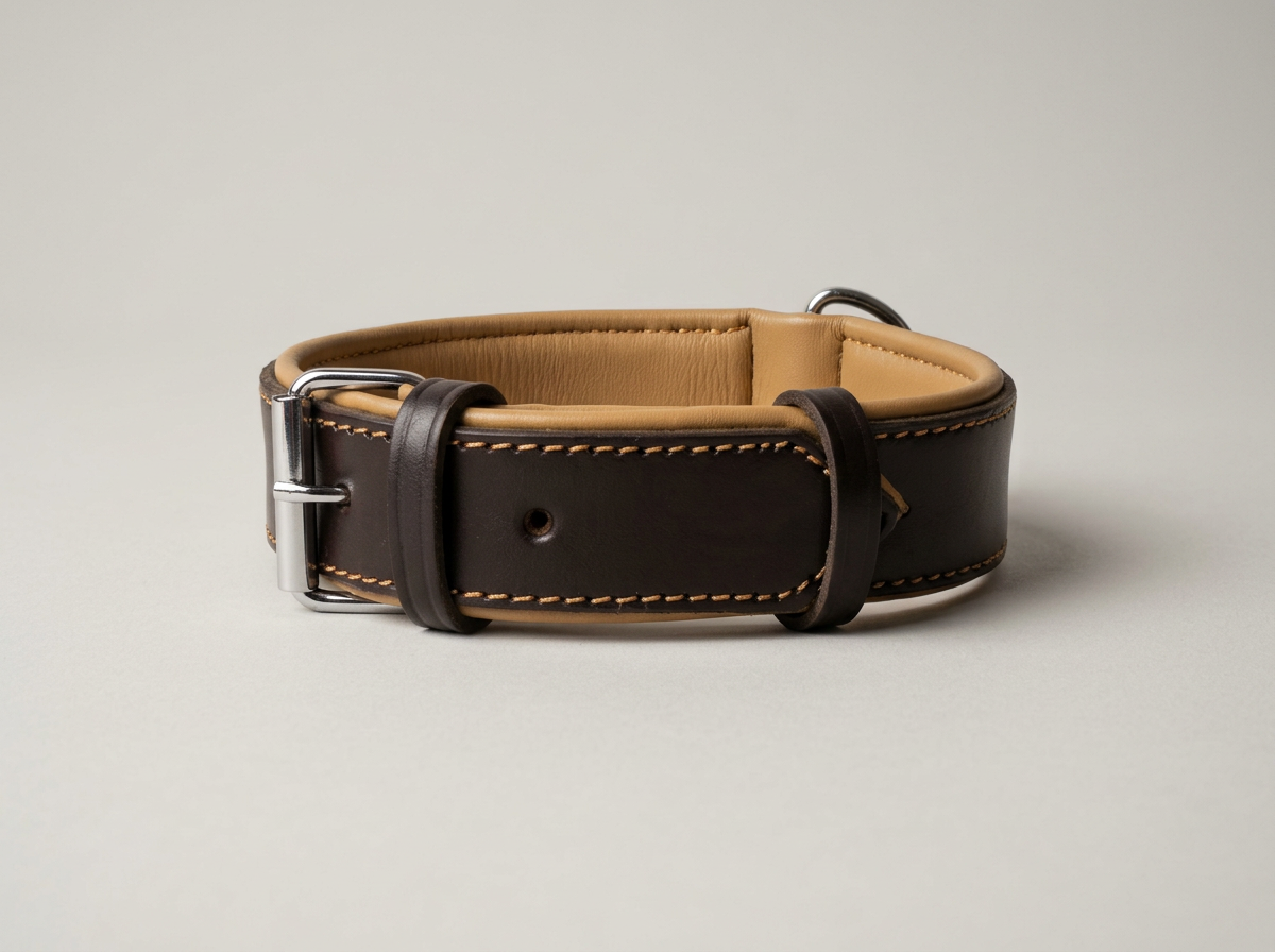 A brown and tan leather dog collar with a metal buckle and loops, resting on a plain light background.