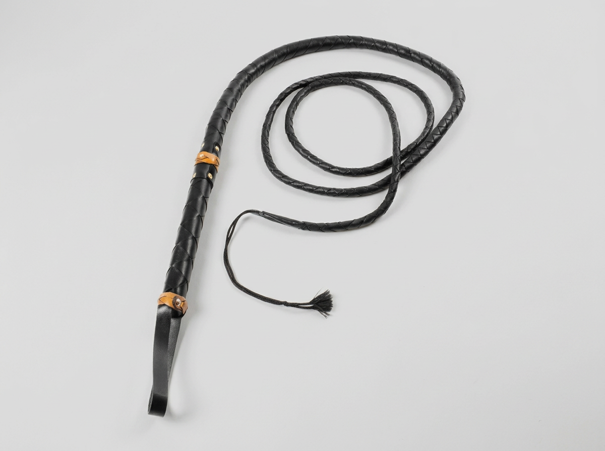 A black leather whip with a braided handle and a thin tail end, lying on a light gray surface.