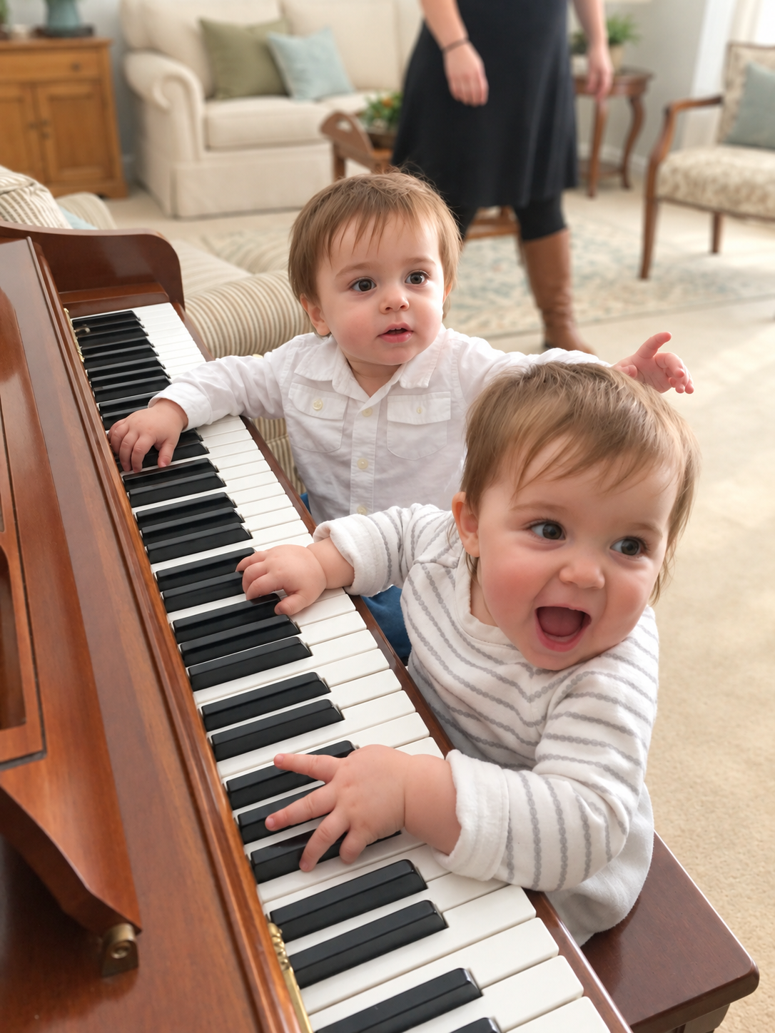 Two young children exploring a piano together