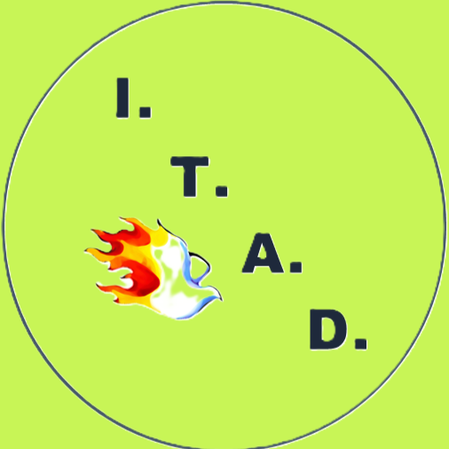 Texto con las letras I, T, A, D y un dibujo de una taza con llamas de fuego.
