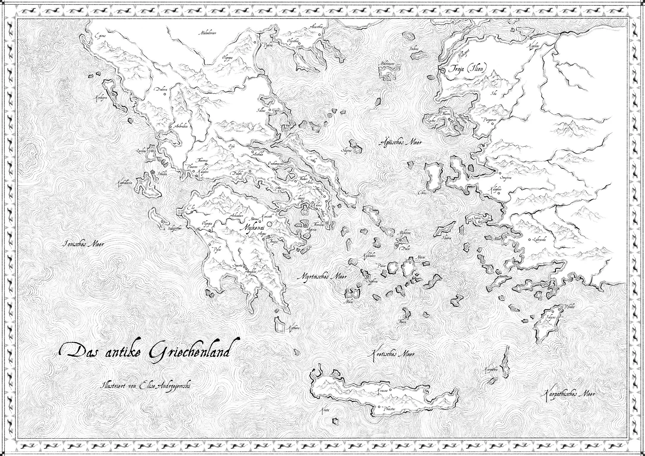 A detailed, antique topographical map of Greece, titled 'Das antike Griechenland', showing mountains, rivers, islands, and place names in German.