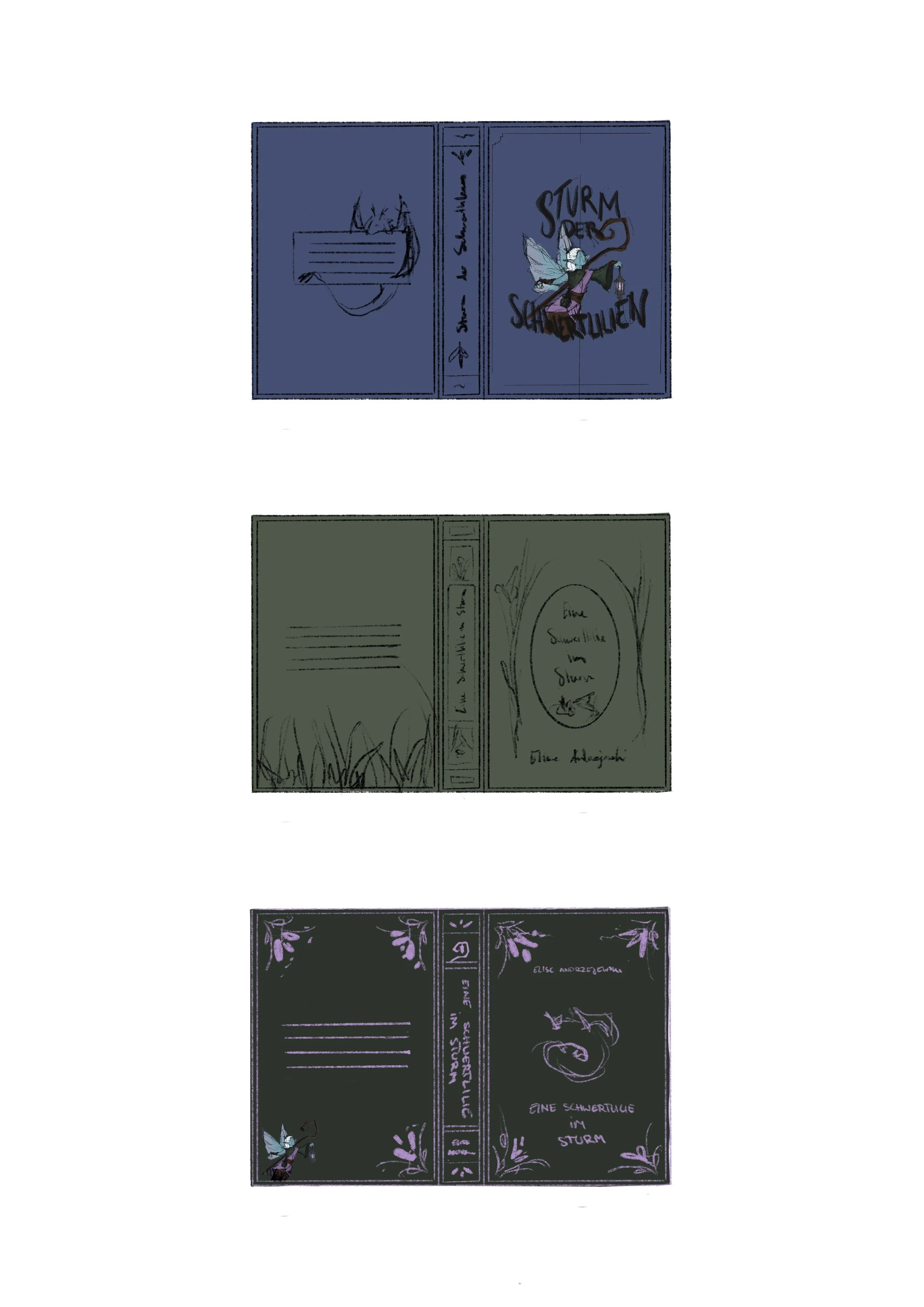 Three illustrated book covers featuring a fairy. The first cover shows a fairy with wings holding a lantern, with the title "Sturm der Schatten". The second cover features a fairy in a grassy field with the title "Die Schatten in Sturm". The third cover depicts a fairy and a dragon with floral borders, titled "Elsie Andrezcora".