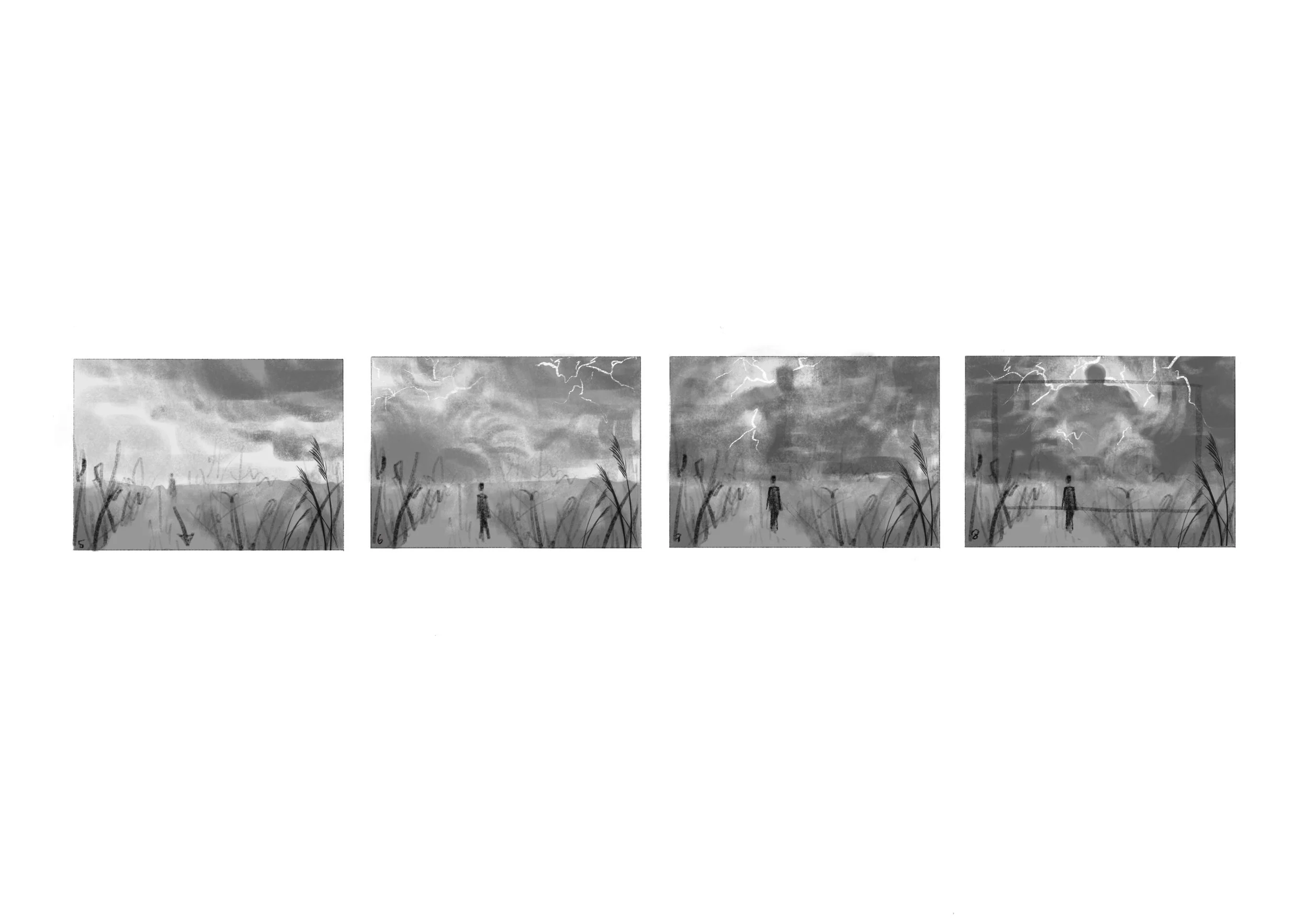 A digital grayscale sequence of images showing a scene with dark storm clouds, lightning, and a person standing in a field of tall grass.