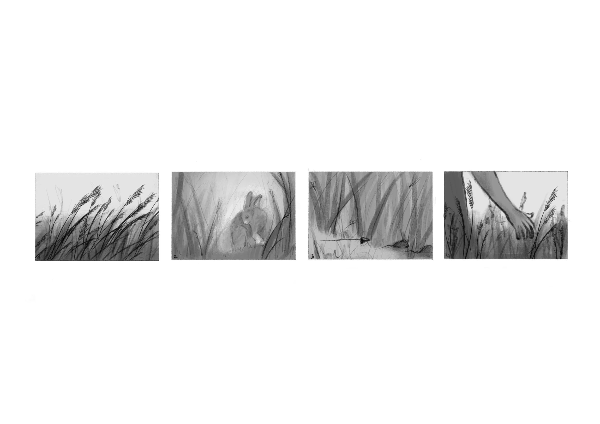 Black and white sketches of wildlife, including grasses, a hare, a bird, a snake, and a person's hand reaching into tall grass.