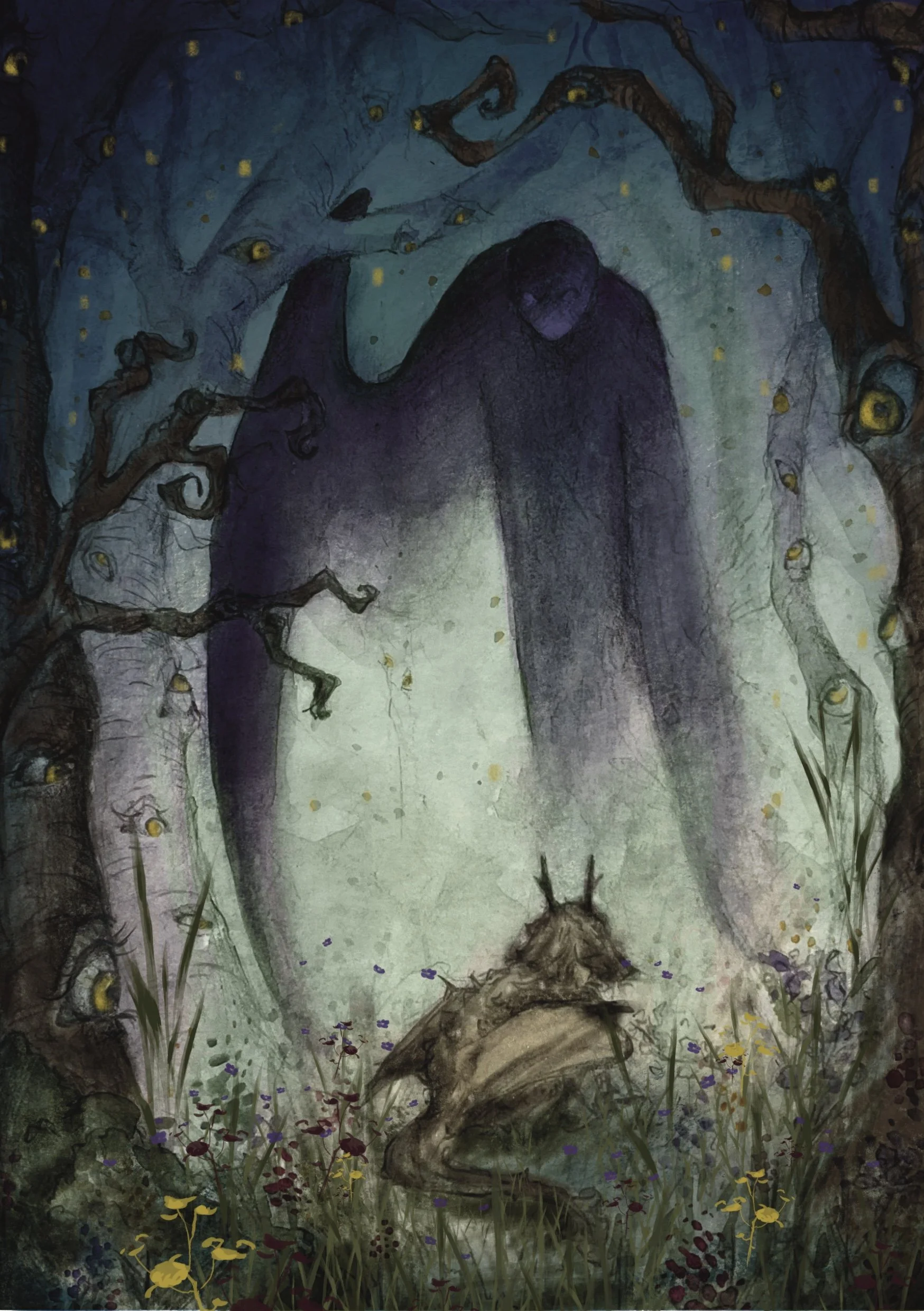 A mystical scene featuring a large, dark horse with billowing mane and tail, standing in a forested landscape at night. The background shows a large face formed by clouds and stars, with glowing eyes observing. The ground is covered with colorful flowers, and twisted, leafless trees frame the scene, creating an enchanted atmosphere.