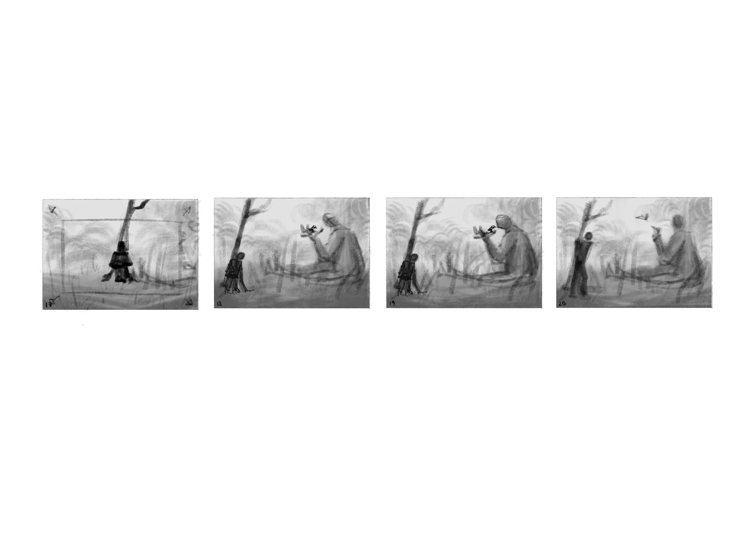 A series of four black and white sketches showing the evolution of a young girl swinging on a tree branch, with scenes of her looking at birds and a person playing a flute in a natural outdoor setting.