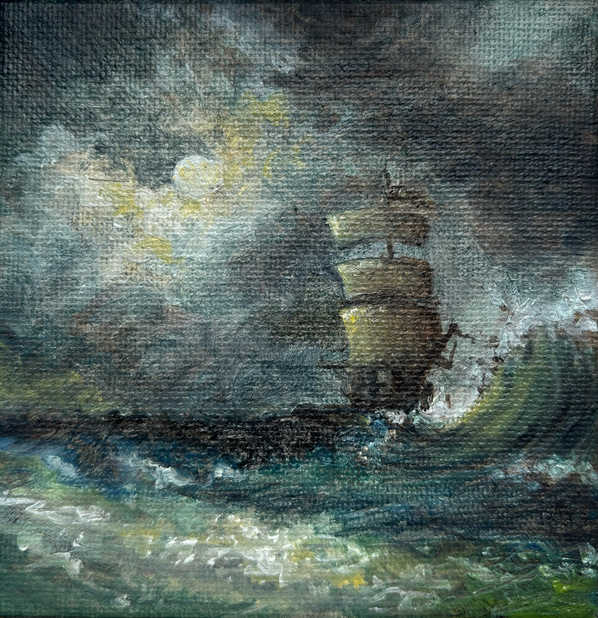 An abstract painting featuring textured brushstrokes with predominantly dark, earthy colors and hints of yellow, green, and blue.