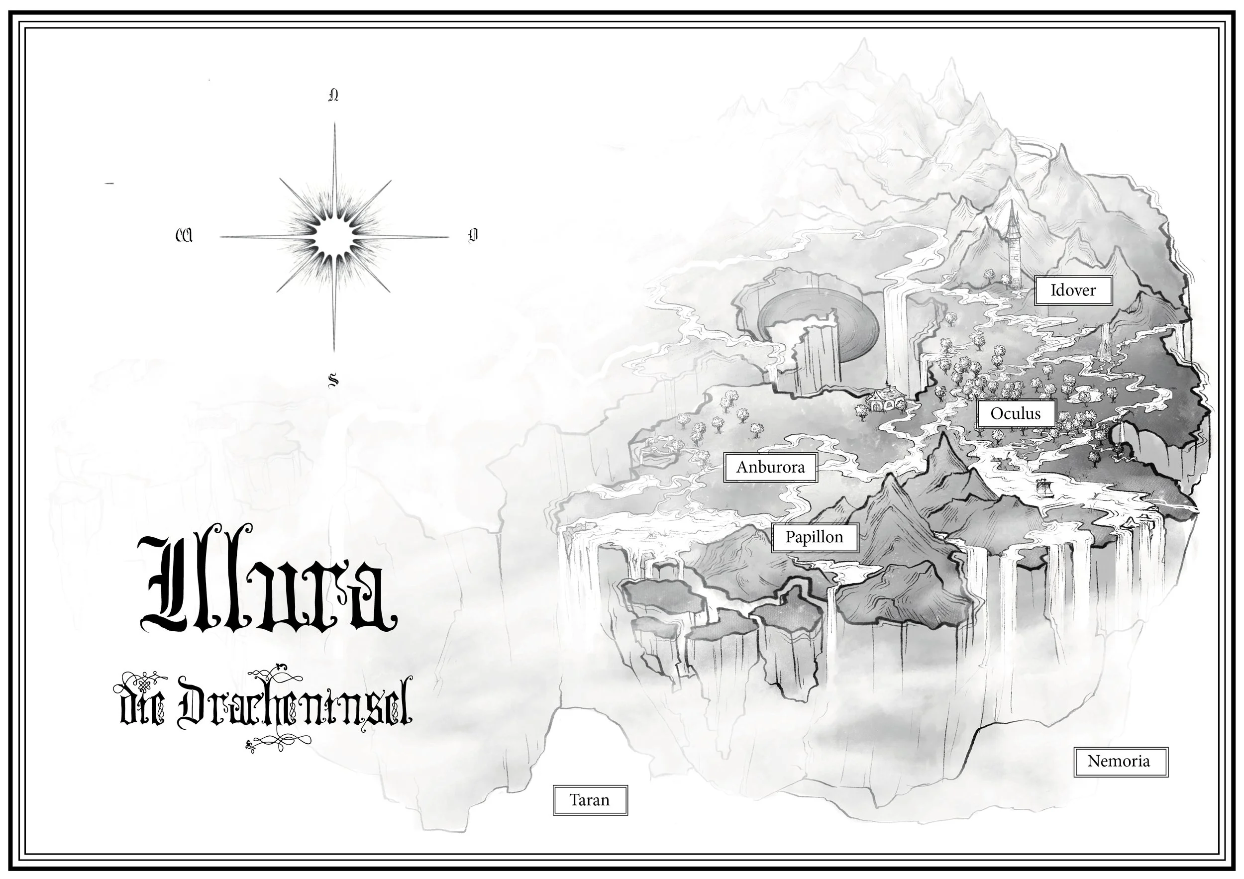 A black and white illustration of a fantasy map with mountain ranges, waterfalls, and labeled places including Idover, Anburora, Papillon, and Nemoria, with some text in a decorative font.