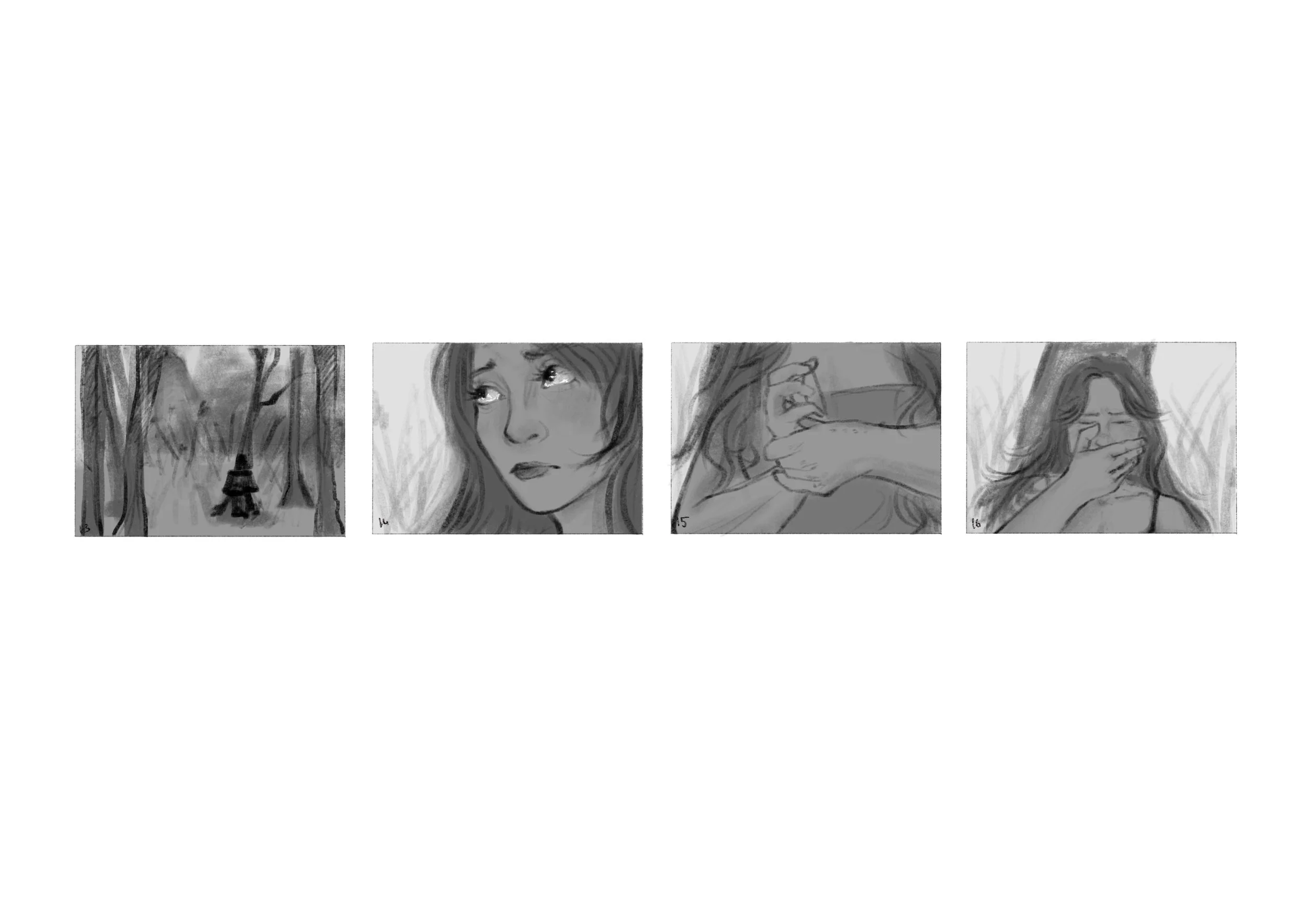 A series of four grayscale sketches featuring female characters with expressive face details, set against a plain background.
