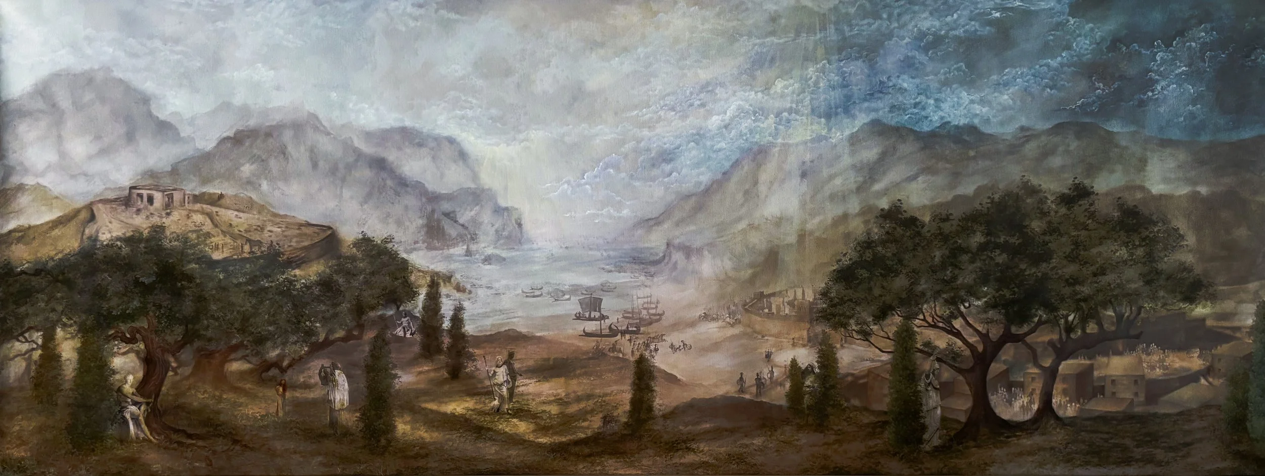 A landscape painting of a river valley surrounded by mountains, with boats in the water, trees, and small buildings, and figures walking along a path.