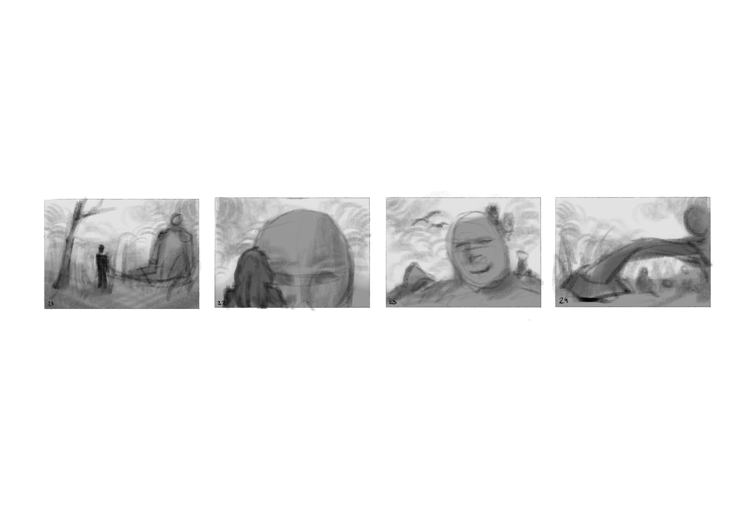 Series of four black and white sketches of a person interacting with a large spherical object outdoors, with trees and sky in the background.