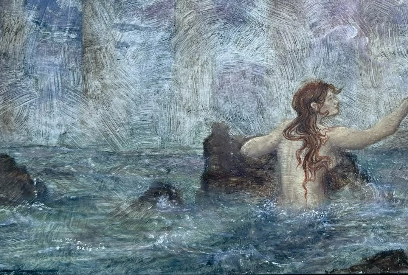 Painting of a woman with long, wavy hair reaching out in water with rocks around her.