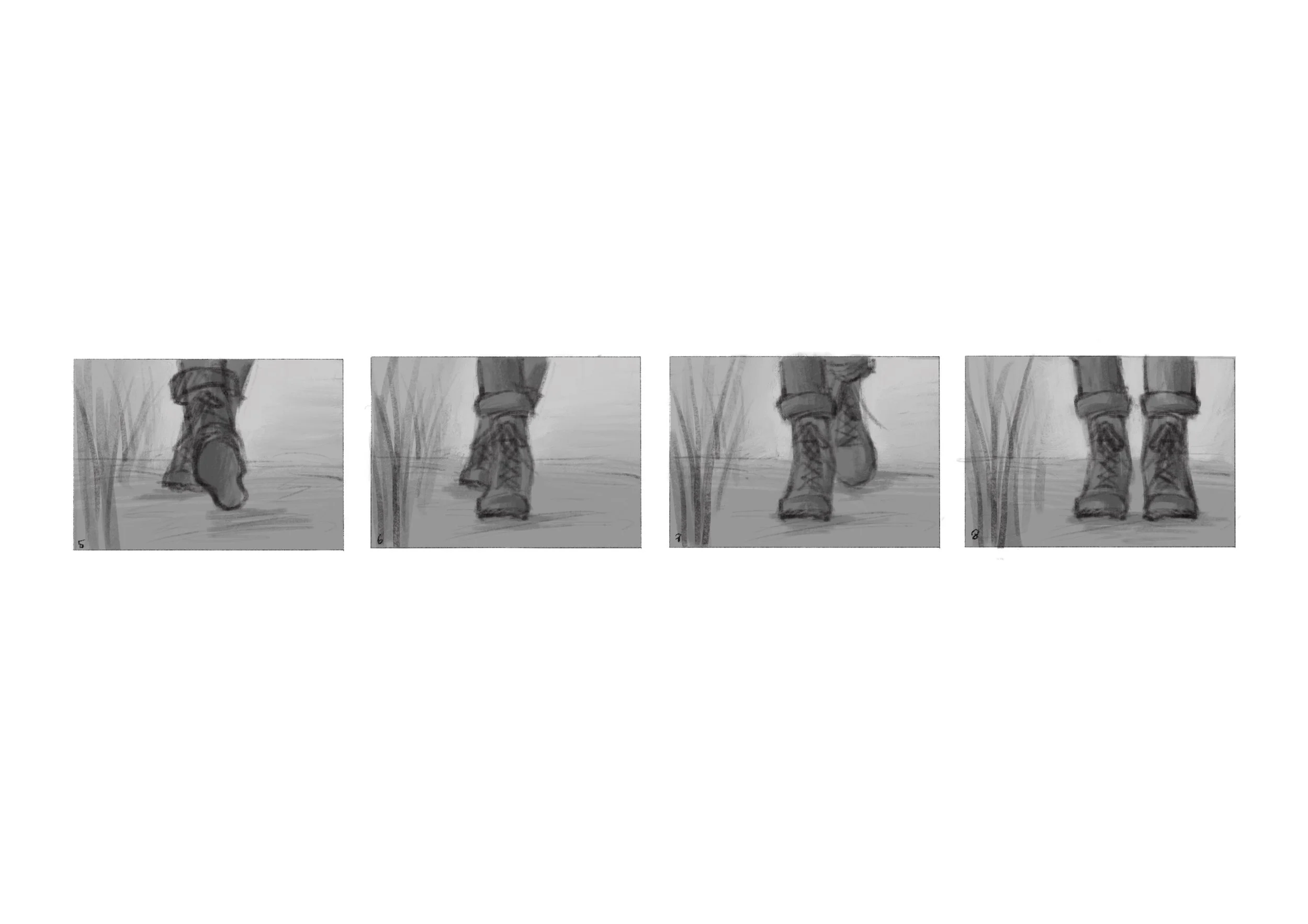 Sequence of grayscale sketches showing a person's legs walking through tall grass near a tree.