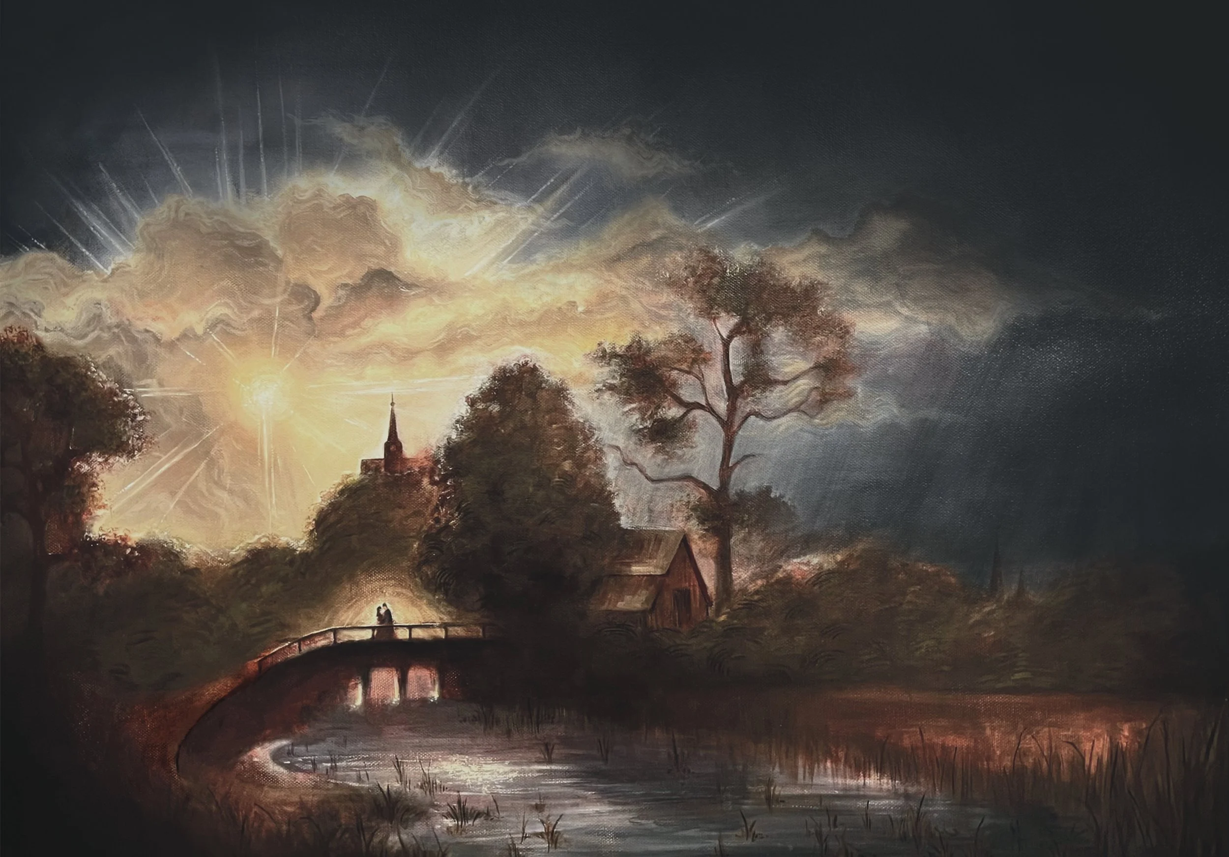 A painting of a sunset over a river with trees, a bridge, and a church steeple in the background.