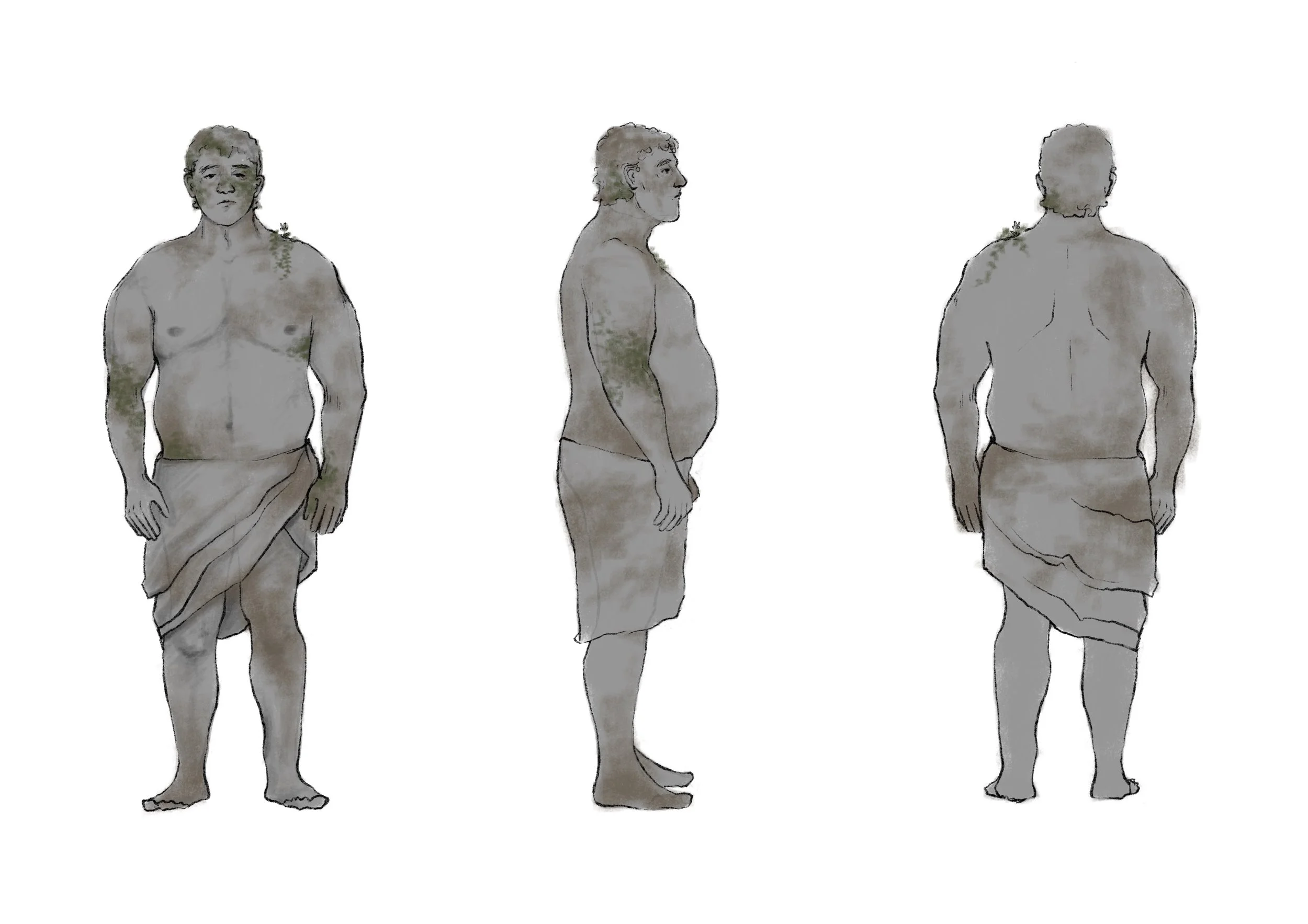 Sketch of a man in traditional Indian attire, shown from three angles: front, side, and back.