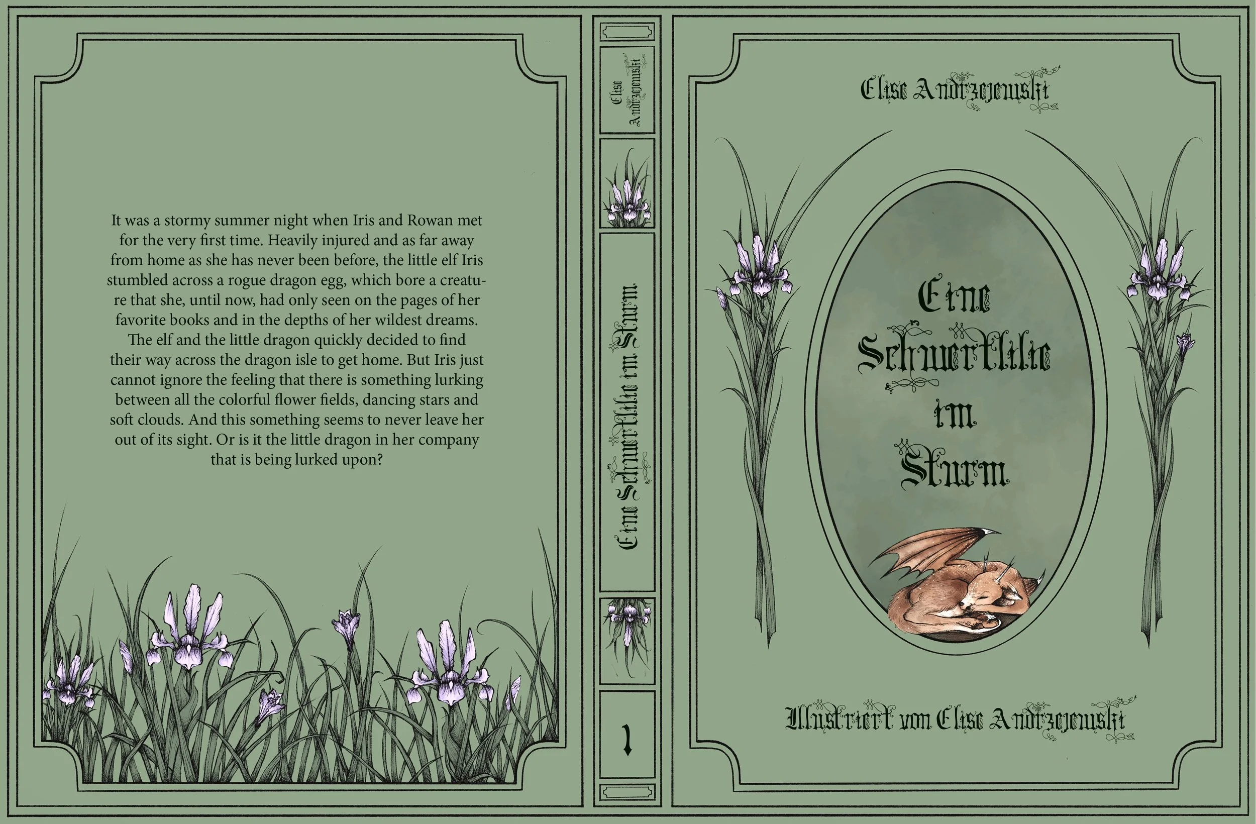 Book cover with green background, purple flowers, and illustrations of a sleeping fox and a butterfly. The title reads 'Elaine Andrzejuk: The Owl and the Fox' in decorative font.