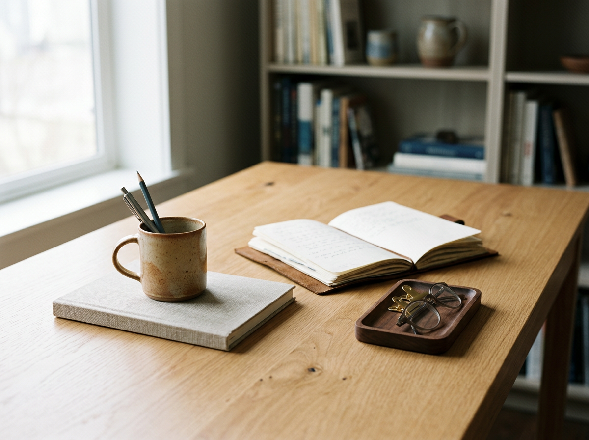 Desk with paper and pens