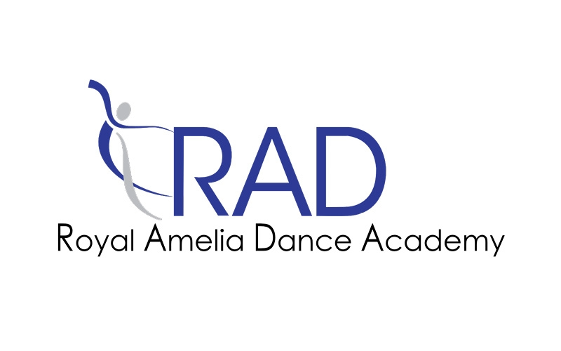 Logo for Royal Amelia Dance Academy with stylized dancer silhouette and text 'RAD Royal Amelia Dance Academy'.